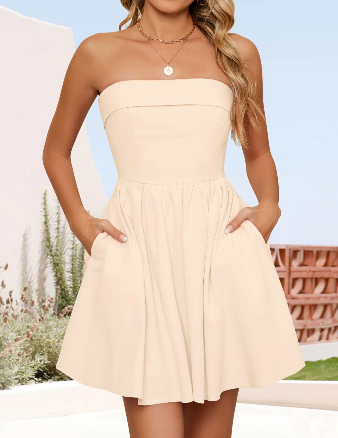 Foto 4 pulgar | Vestido De Verano Zesica Mini 2025 Sin Tirantes Con Hombros Descubiertos, Color Albaricoque - Venta Internacional.