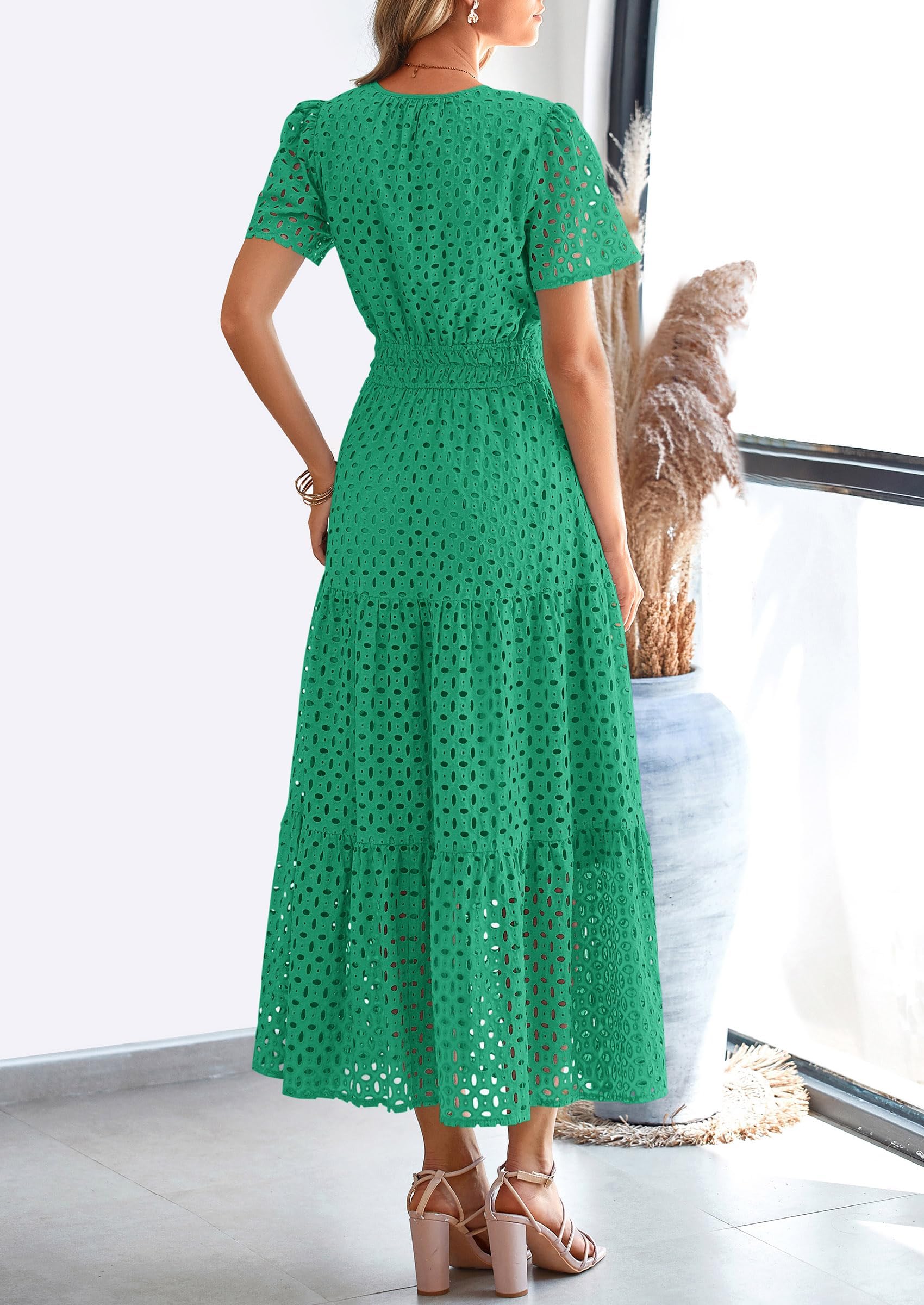 Foto 3 pulgar | Vestido Largo Prettygarden Para Mujer 2025 Con Cuello En V Y Ojales, Verde - Venta Internacional.