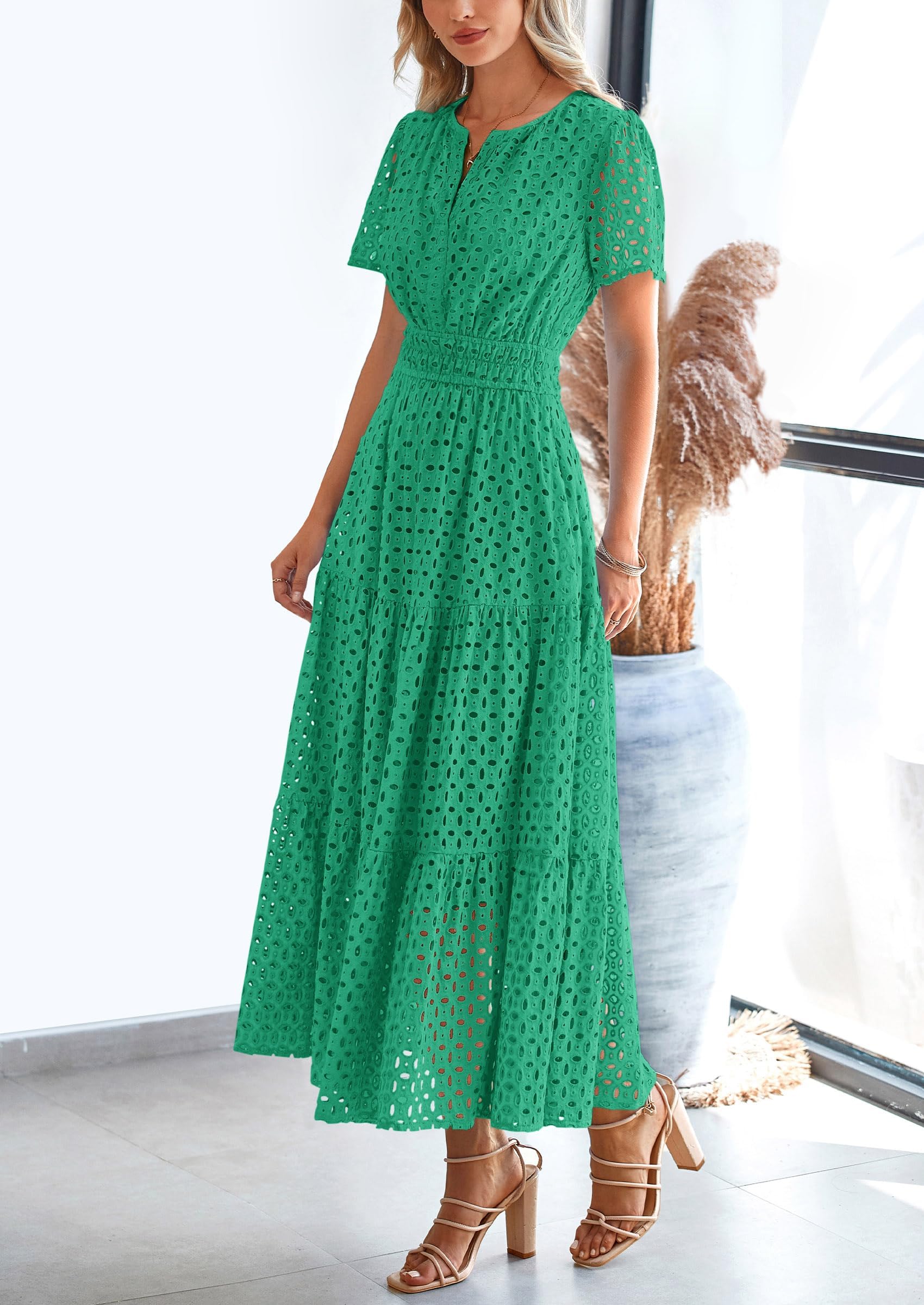 Foto 4 pulgar | Vestido Largo Prettygarden Para Mujer 2025 Con Cuello En V Y Ojales, Verde - Venta Internacional.