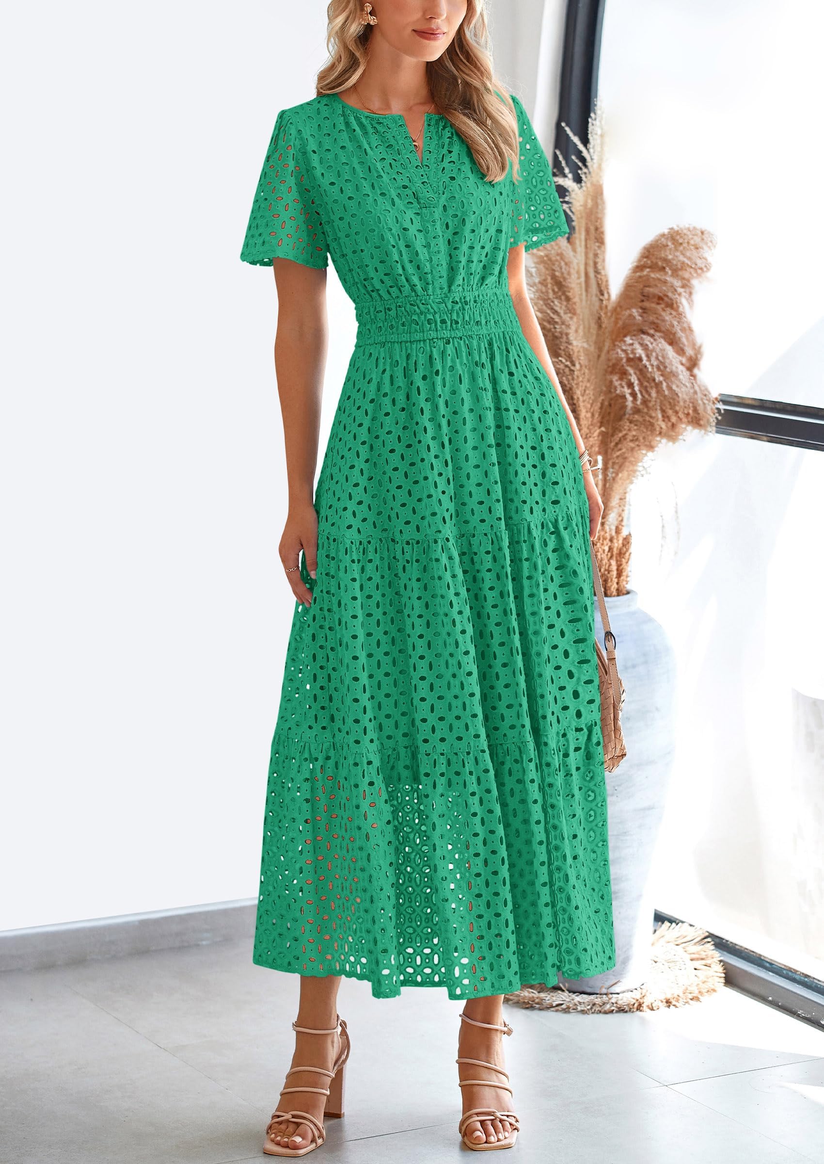 Foto 5 pulgar | Vestido Largo Prettygarden Para Mujer 2025 Con Cuello En V Y Ojales, Verde - Venta Internacional.