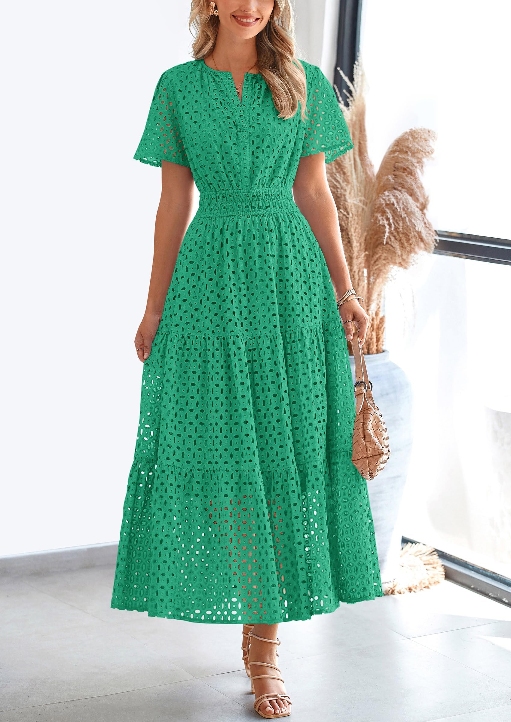 Foto 6 pulgar | Vestido Largo Prettygarden Para Mujer 2025 Con Cuello En V Y Ojales, Verde - Venta Internacional.