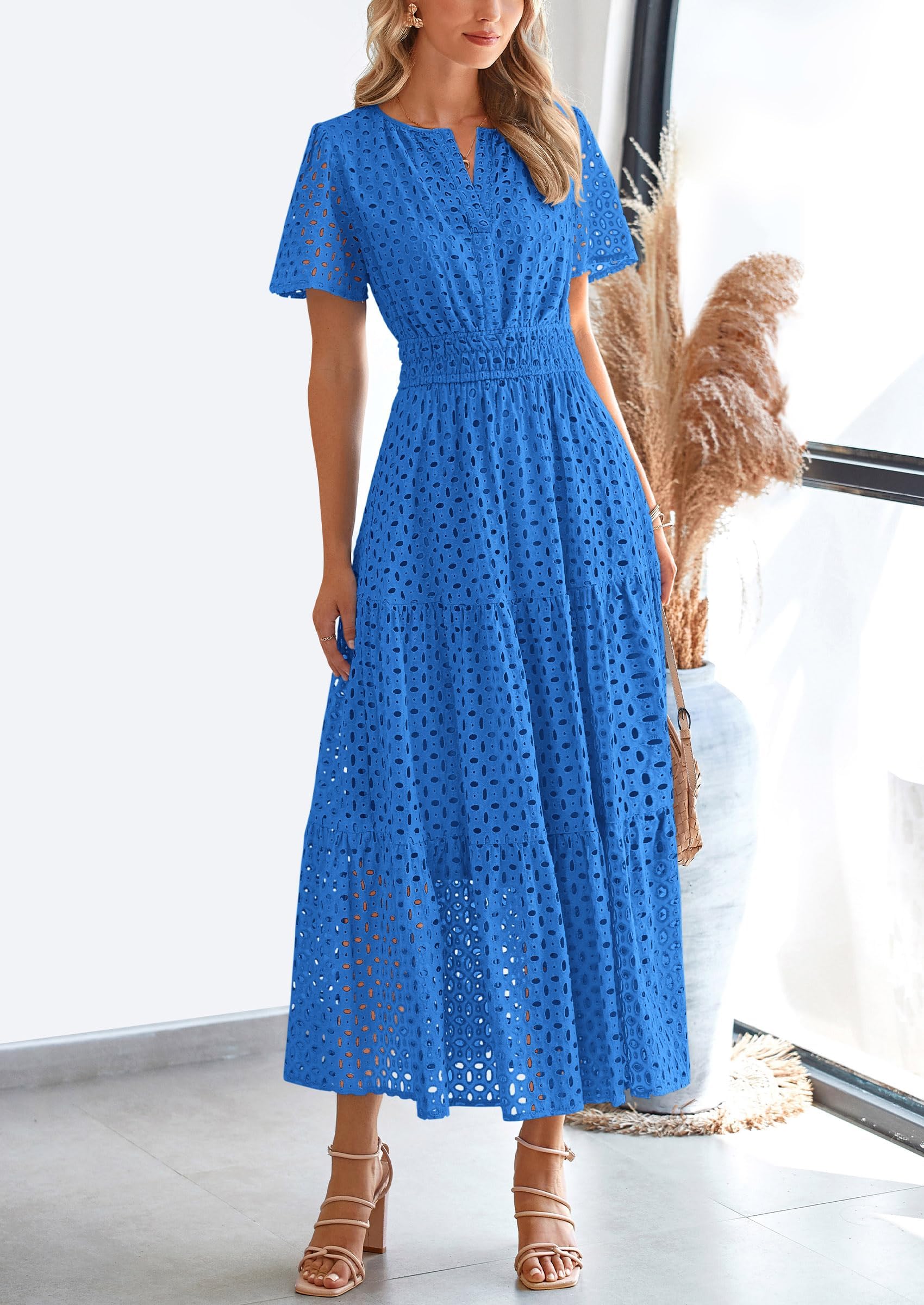 Foto 4 | Vestido Largo Prettygarden 2025, Verano, Cuello En V, Con Ojales, Azul, Talla Pequeña - Venta Internacional.
