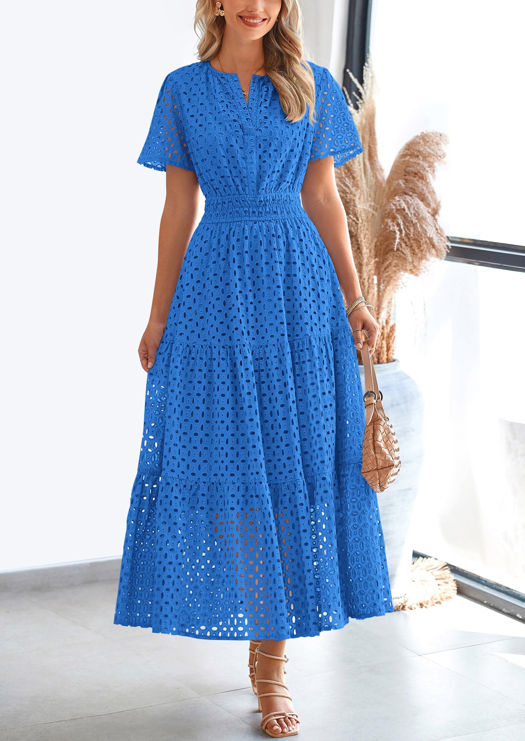 Foto 5 | Vestido Largo Prettygarden 2025, Verano, Cuello En V, Con Ojales, Azul, Talla Pequeña - Venta Internacional.