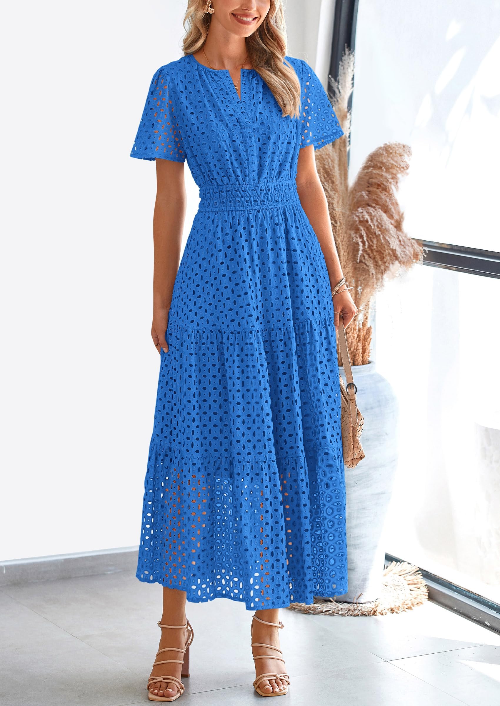 Foto 7 | Vestido Largo Prettygarden 2025, Verano, Cuello En V, Con Ojales, Azul, Talla Pequeña - Venta Internacional.