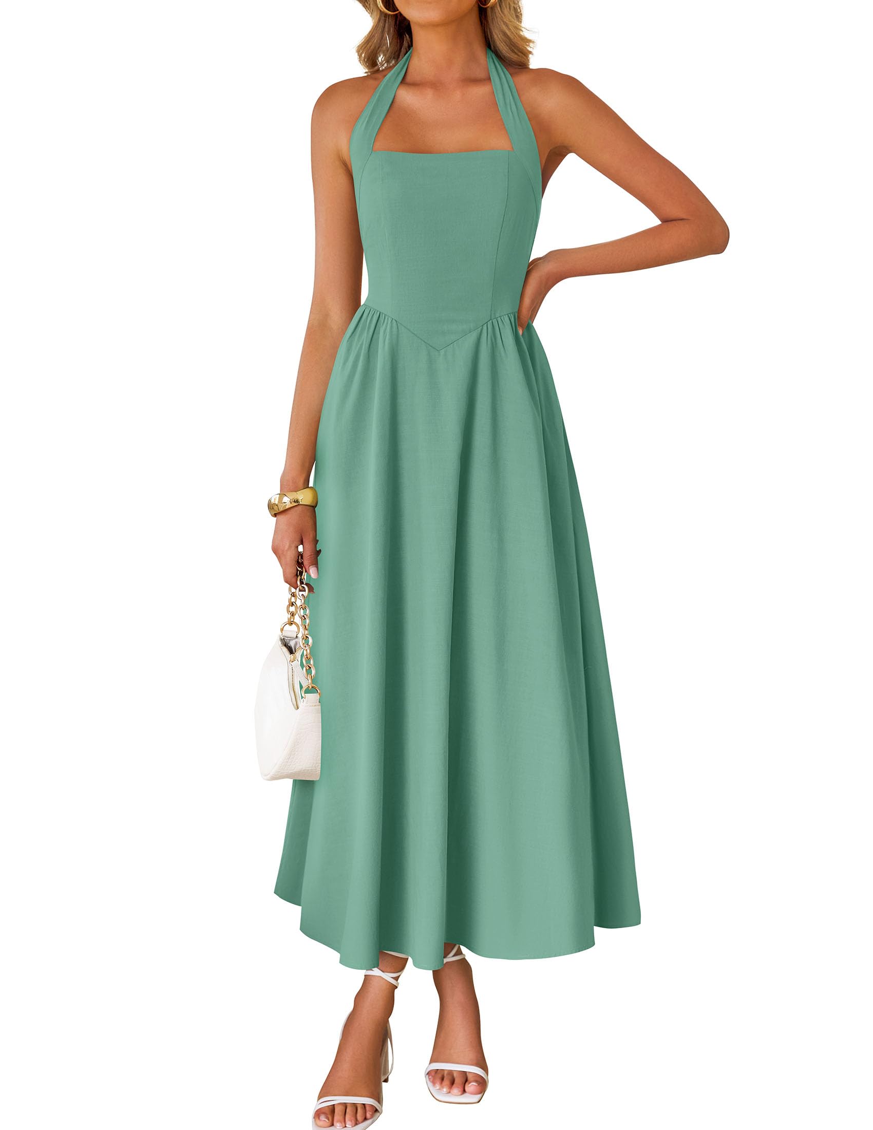 Foto 2 pulgar | Vestido De Verano Zesica, Sin Mangas, Halter, Midi, Playa, Salvia, Para Mujer - Venta Internacional.