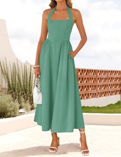 Foto 2 | Vestido De Verano Zesica, Sin Mangas, Halter, Midi, Playa, Salvia, Para Mujer - Venta Internacional.