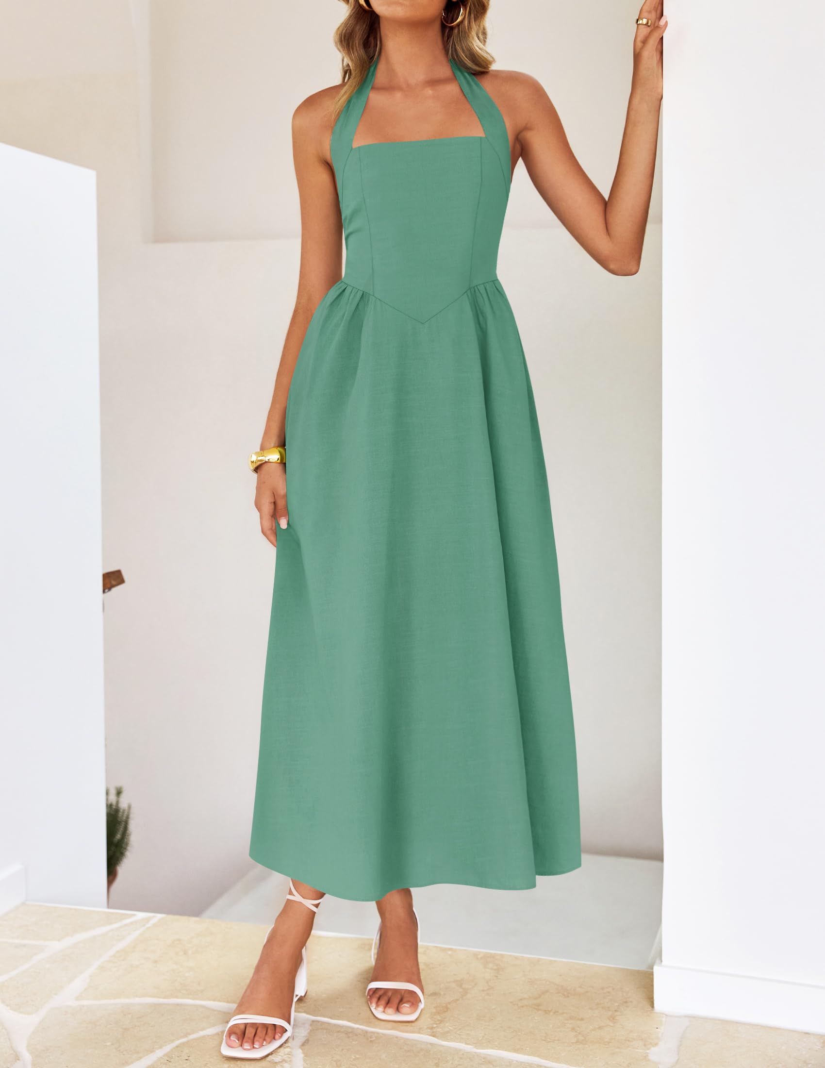 Foto 7 pulgar | Vestido De Verano Zesica, Sin Mangas, Halter, Midi, Playa, Salvia, Para Mujer - Venta Internacional.
