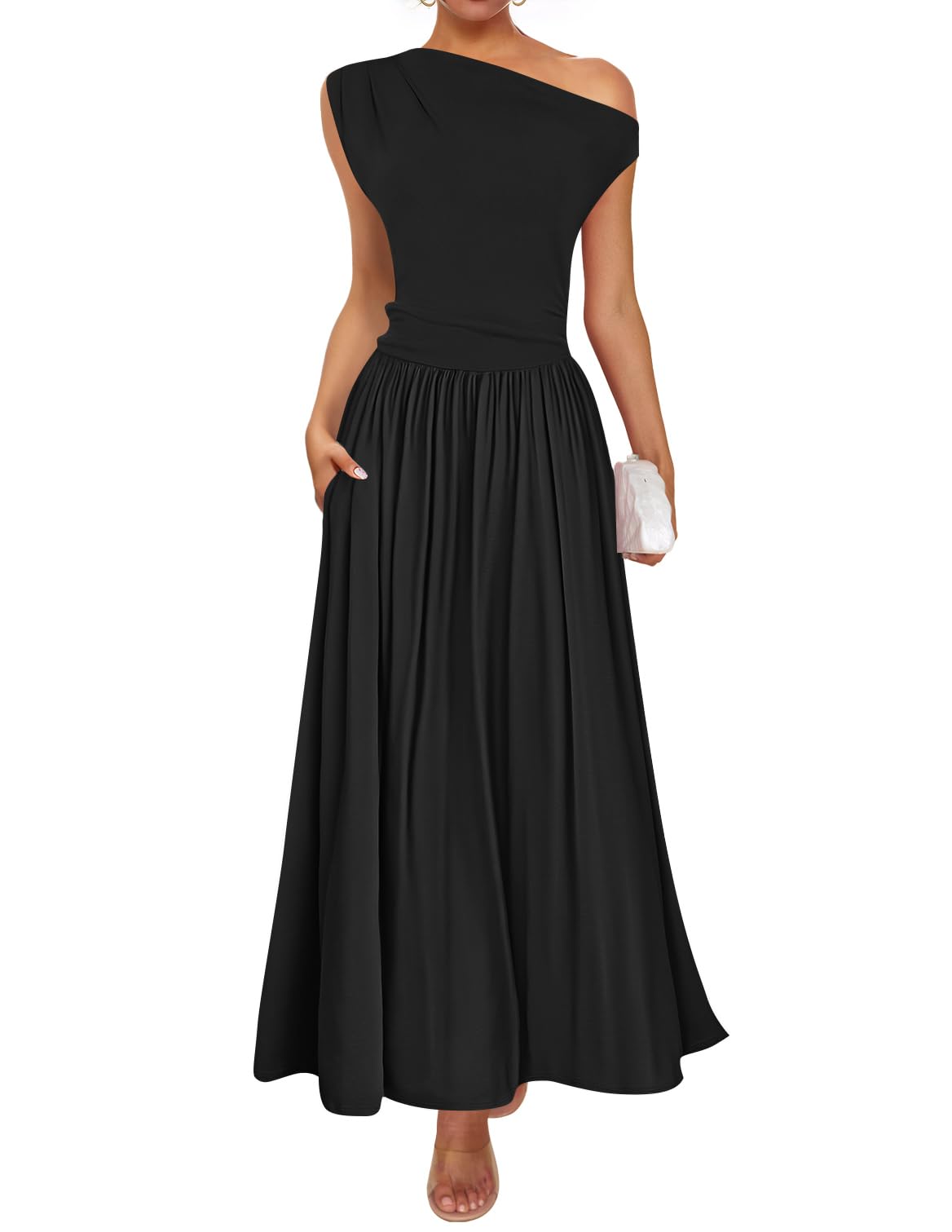 Vestido Largo Zesica Summer 2025 Con Un Solo Hombro, Casual, Negro - Venta Internacional.