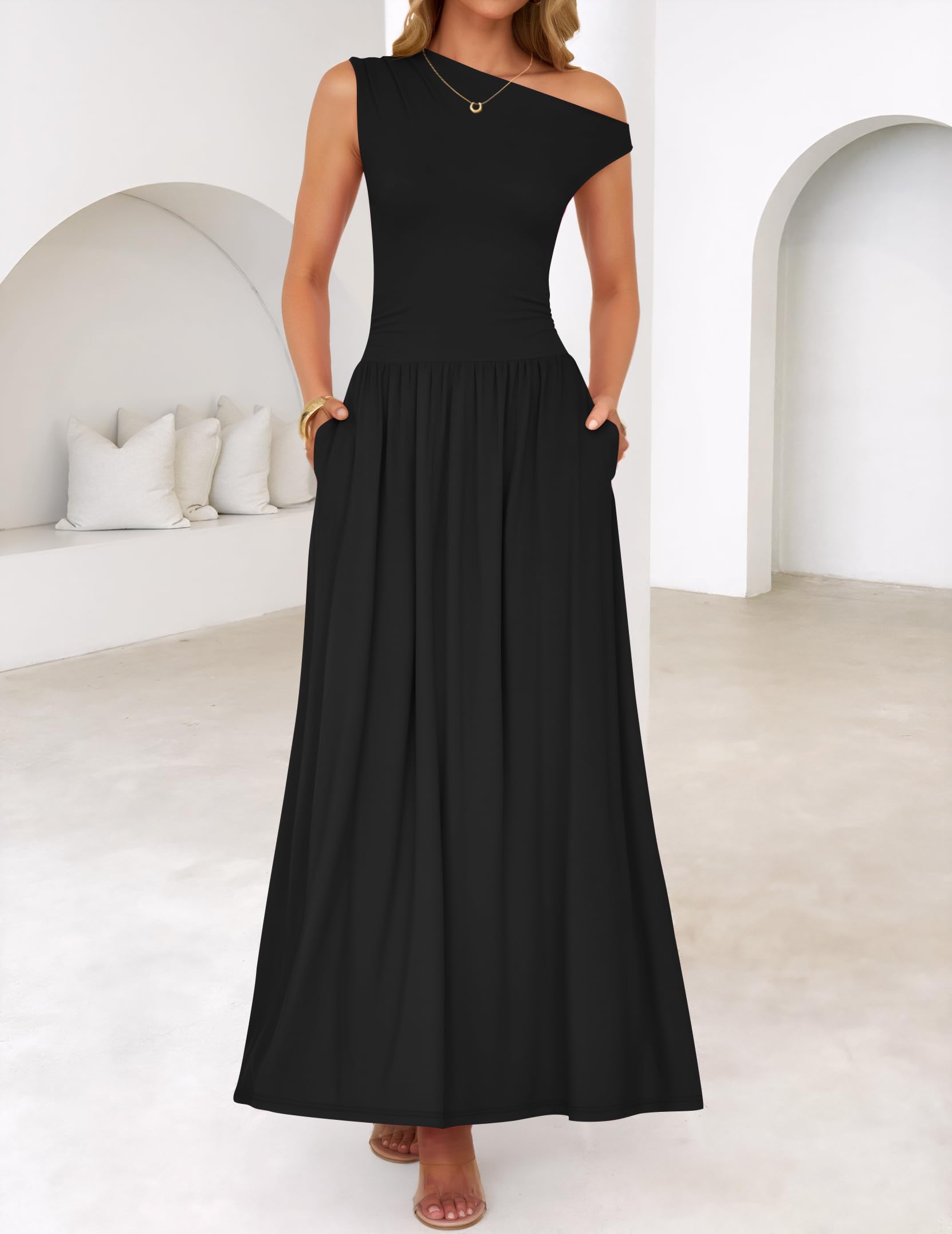 Foto 3 pulgar | Vestido Largo Zesica Summer 2025 Con Un Solo Hombro, Casual, Negro - Venta Internacional.