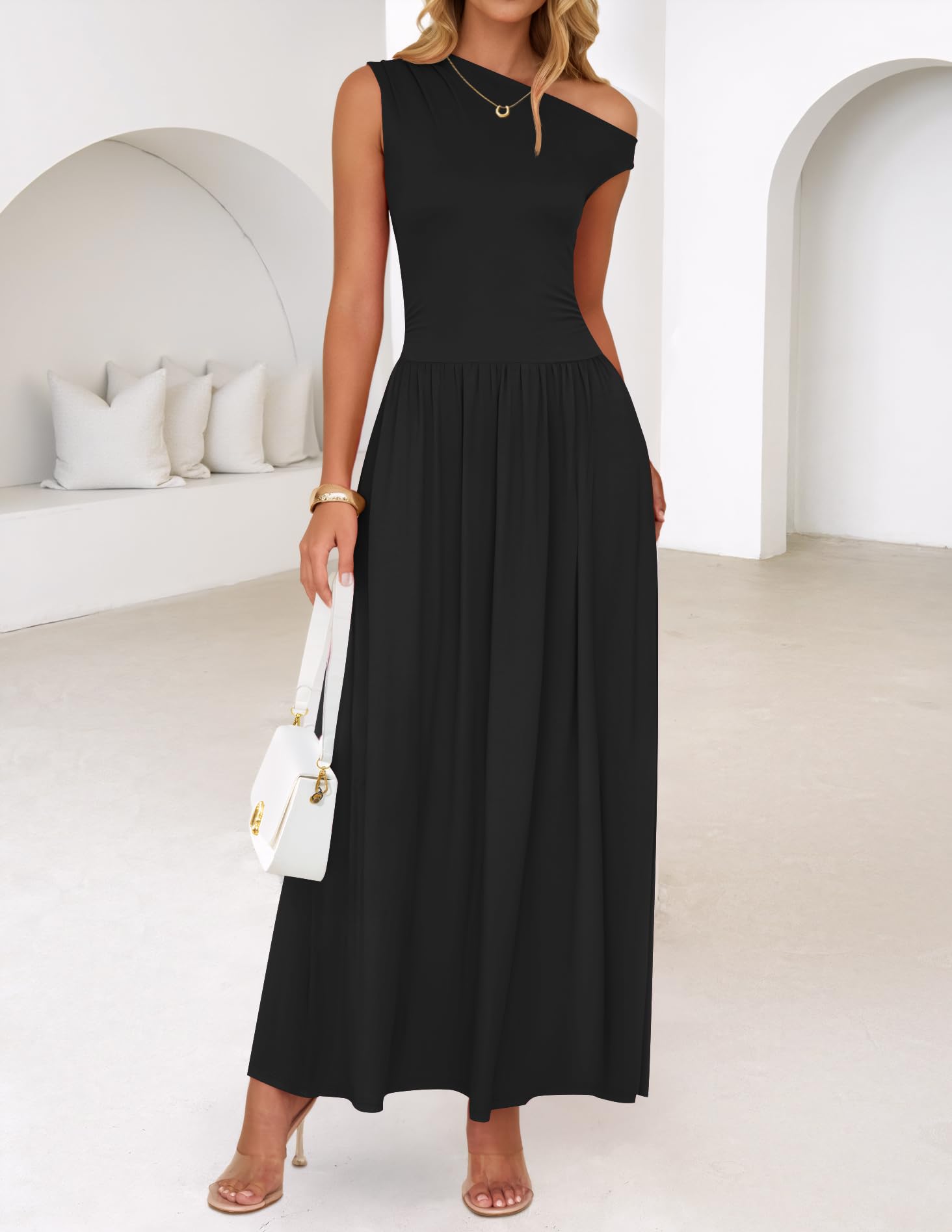 Foto 4 pulgar | Vestido Largo Zesica Summer 2025 Con Un Solo Hombro, Casual, Negro - Venta Internacional.