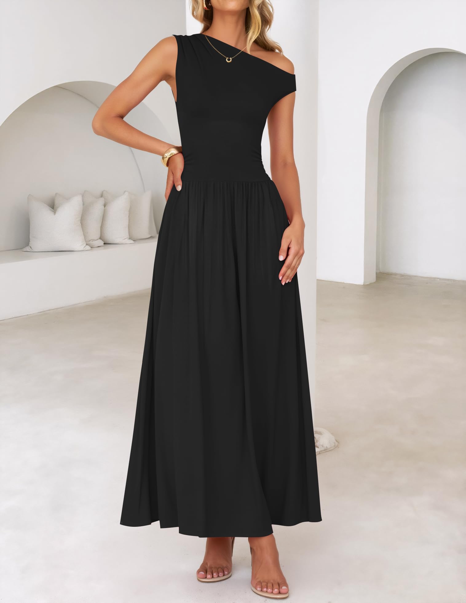 Foto 7 pulgar | Vestido Largo Zesica Summer 2025 Con Un Solo Hombro, Casual, Negro - Venta Internacional.