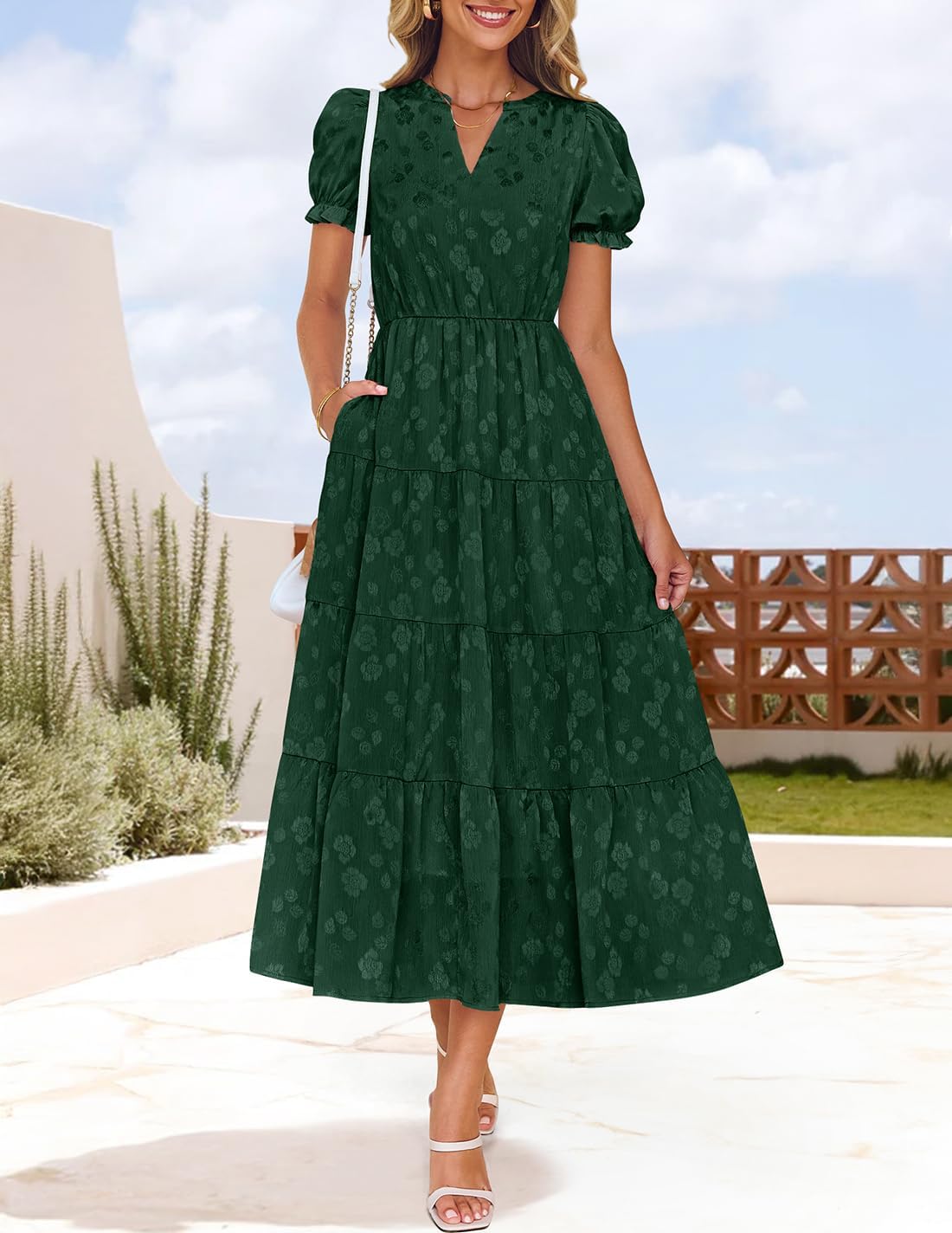 Foto 3 pulgar | Vestido Zesica Para Mujer, Verano 2025, Manga Corta, Manga Corta, Midi, Verde - Venta Internacional.