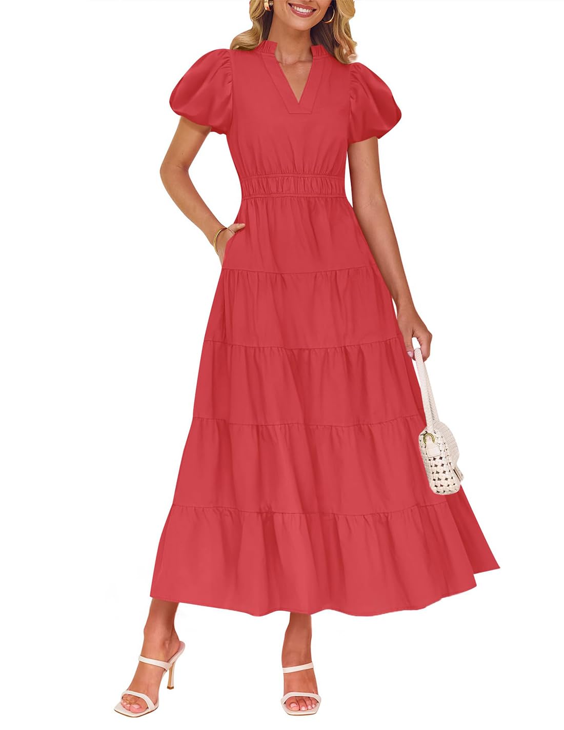 Foto 2 pulgar | Vestido Largo Zesica Casual De Verano Con Cuello En V Y Volantes Escalonados Para Mujer - Venta Internacional.