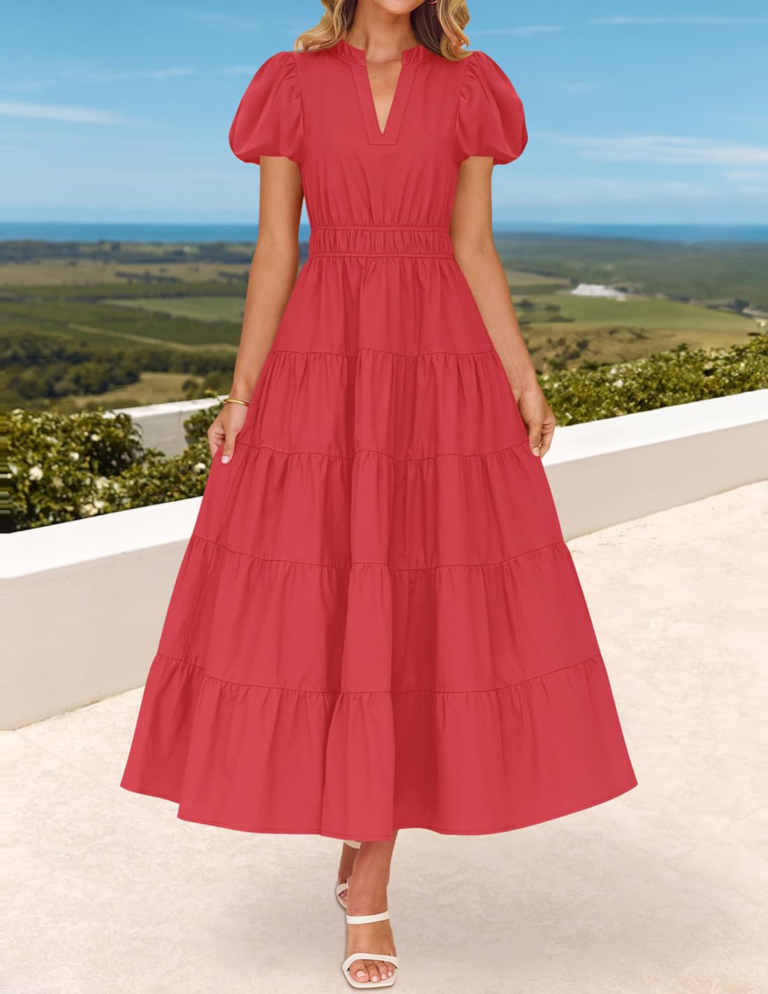 Foto 3 pulgar | Vestido Largo Zesica Casual De Verano Con Cuello En V Y Volantes Escalonados Para Mujer - Venta Internacional.