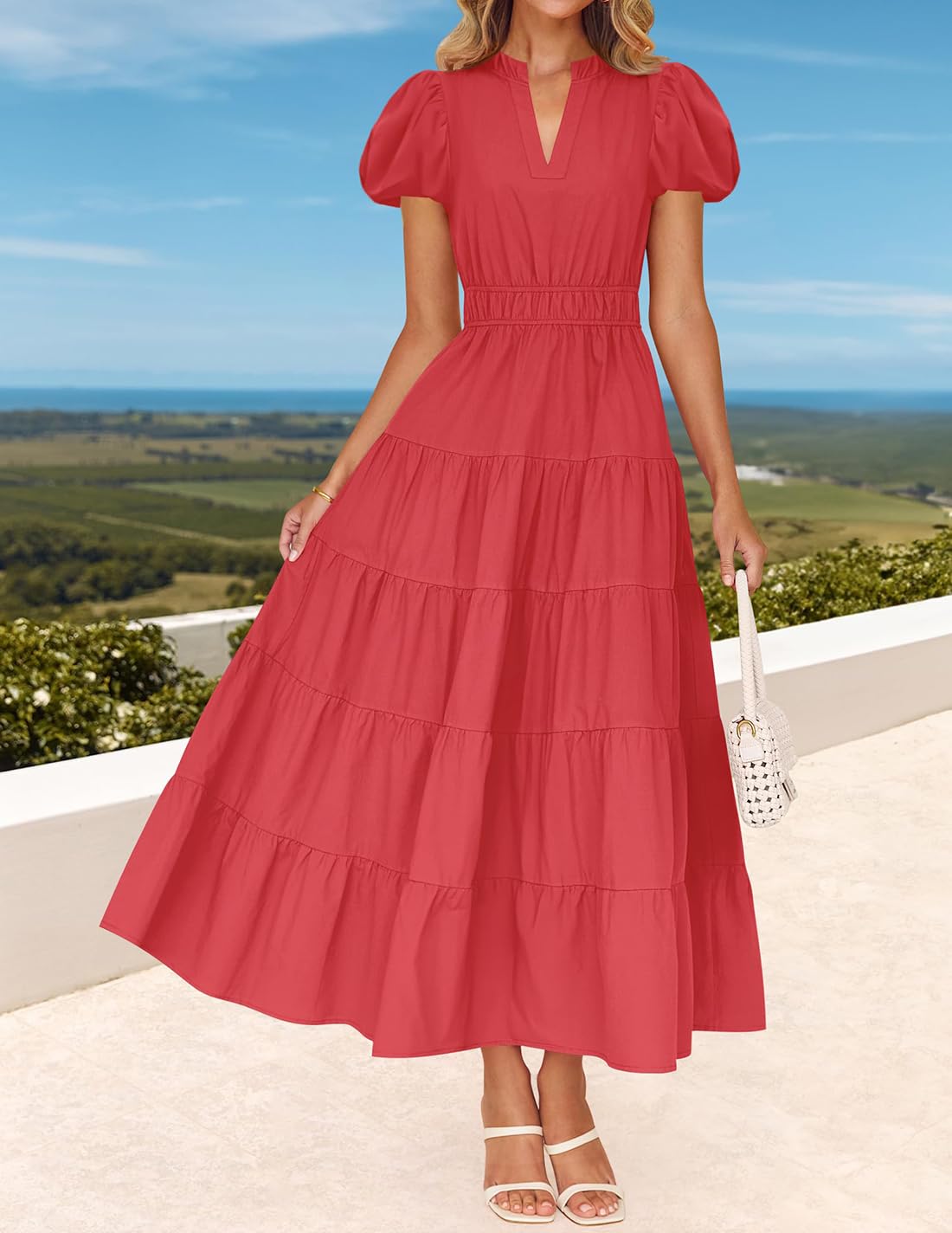 Foto 4 pulgar | Vestido Largo Zesica Casual De Verano Con Cuello En V Y Volantes Escalonados Para Mujer - Venta Internacional.
