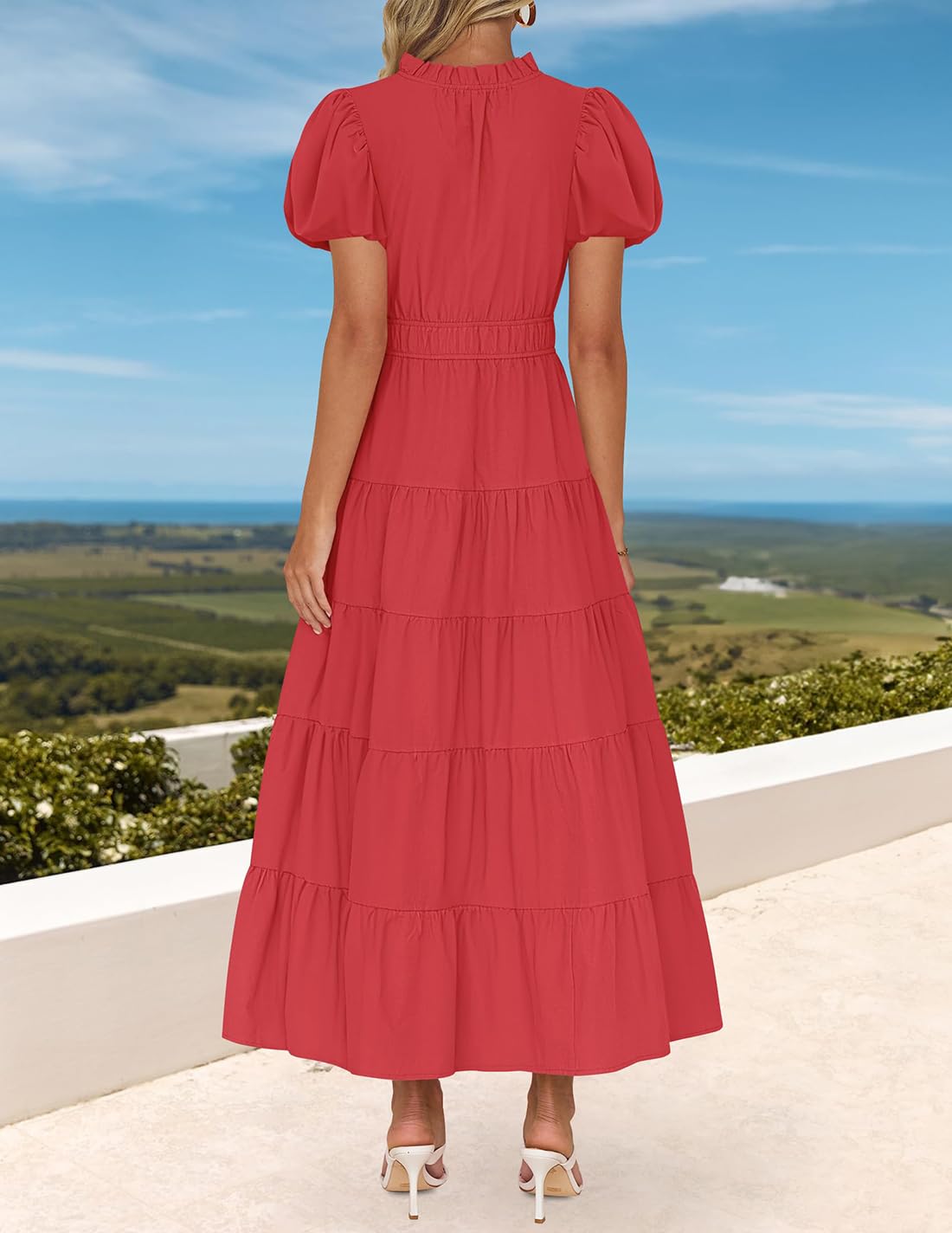 Foto 5 pulgar | Vestido Largo Zesica Casual De Verano Con Cuello En V Y Volantes Escalonados Para Mujer - Venta Internacional.