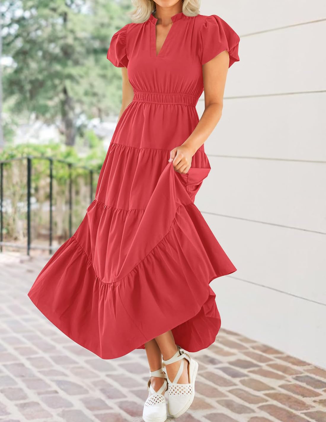 Foto 7 pulgar | Vestido Largo Zesica Casual De Verano Con Cuello En V Y Volantes Escalonados Para Mujer - Venta Internacional.