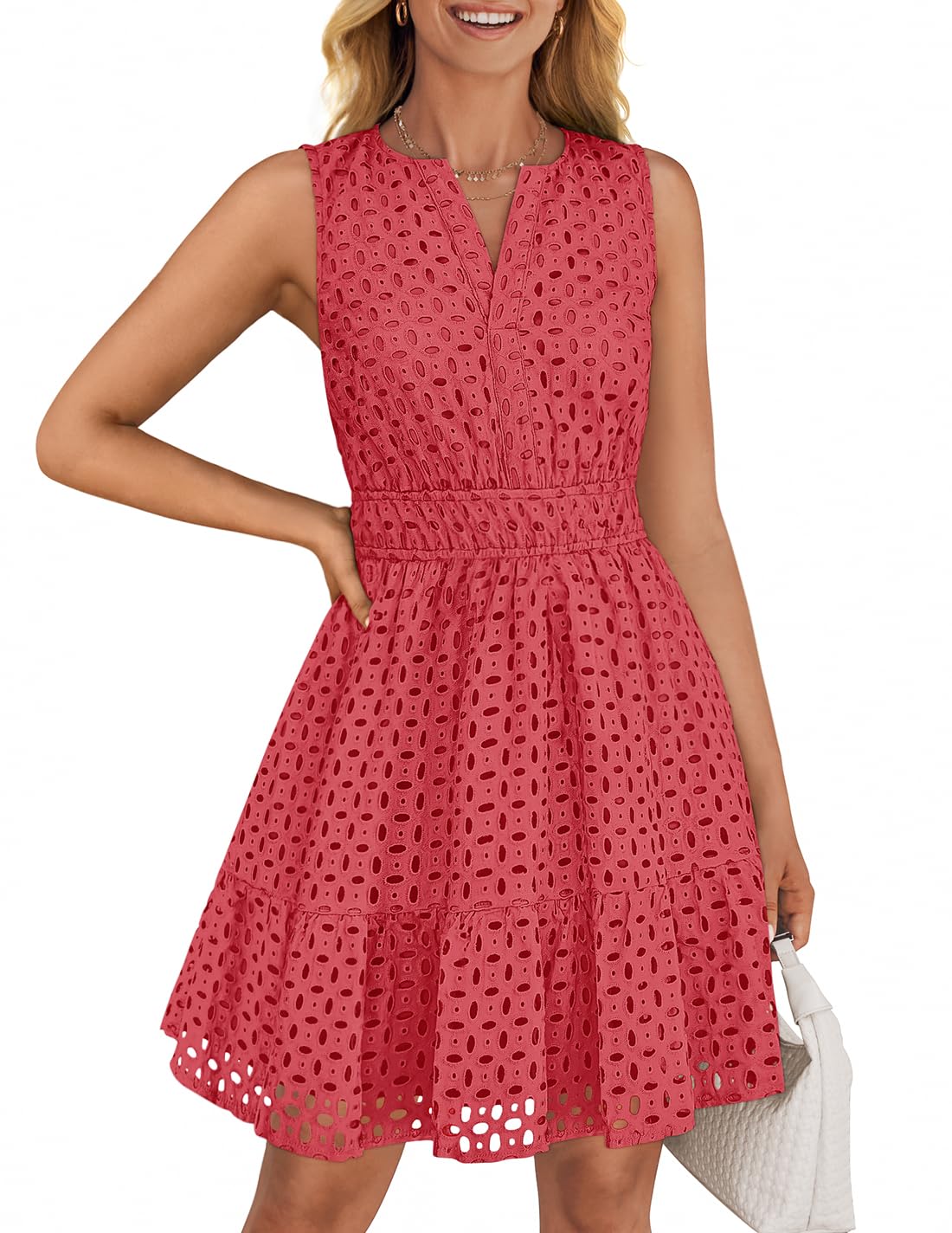 Foto 2 pulgar | Vestido De Verano Zesica Sin Mangas Con Cuello En V Y Ojales, Sandía - Venta Internacional.