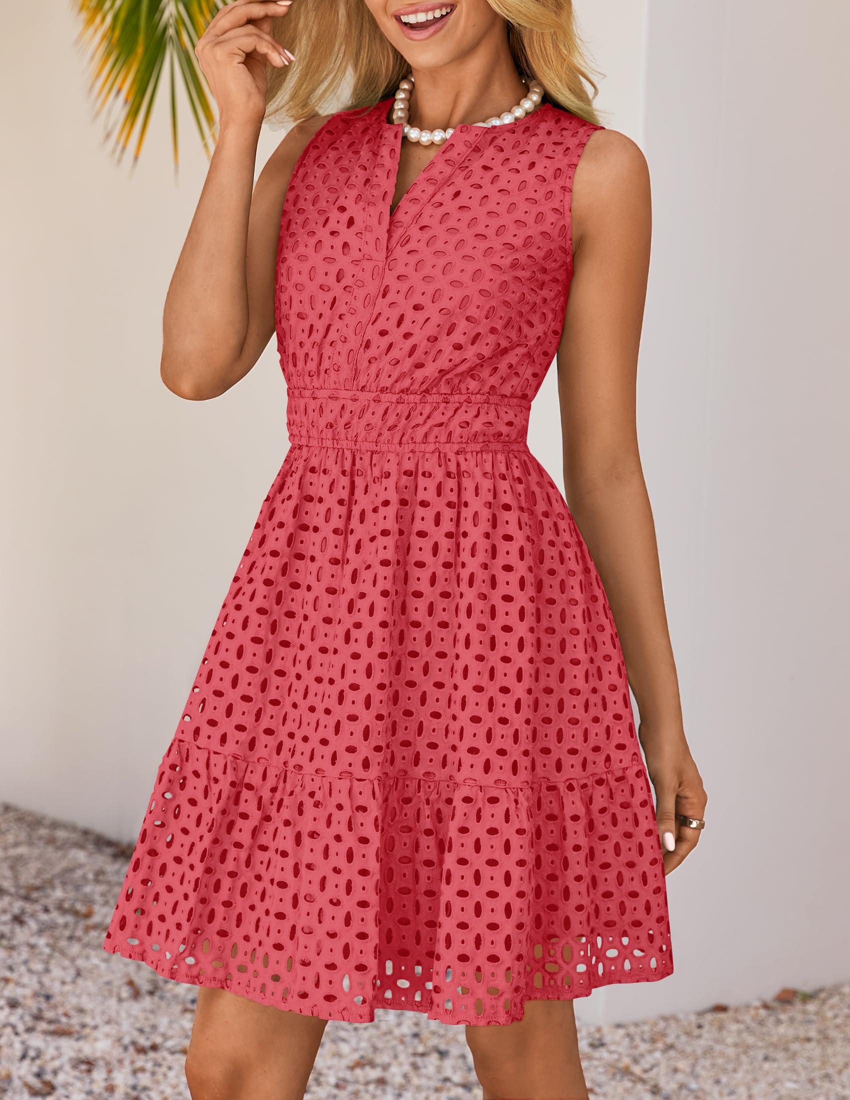 Foto 3 pulgar | Vestido De Verano Zesica Sin Mangas Con Cuello En V Y Ojales, Sandía - Venta Internacional.