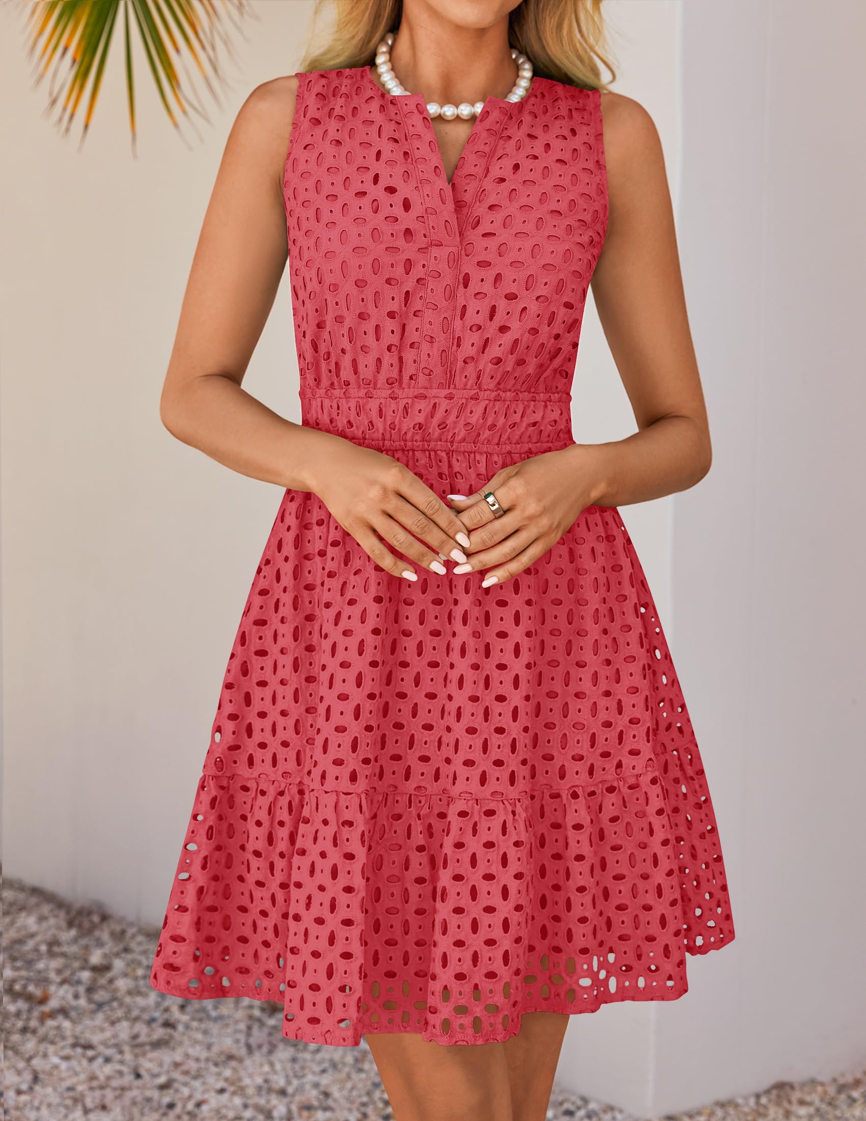 Foto 4 pulgar | Vestido De Verano Zesica Sin Mangas Con Cuello En V Y Ojales, Sandía - Venta Internacional.