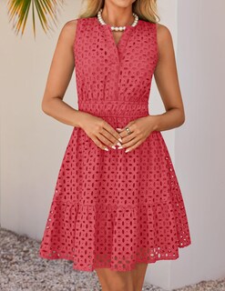 Foto 3 | Vestido De Verano Zesica Sin Mangas Con Cuello En V Y Ojales, Sandía - Venta Internacional.