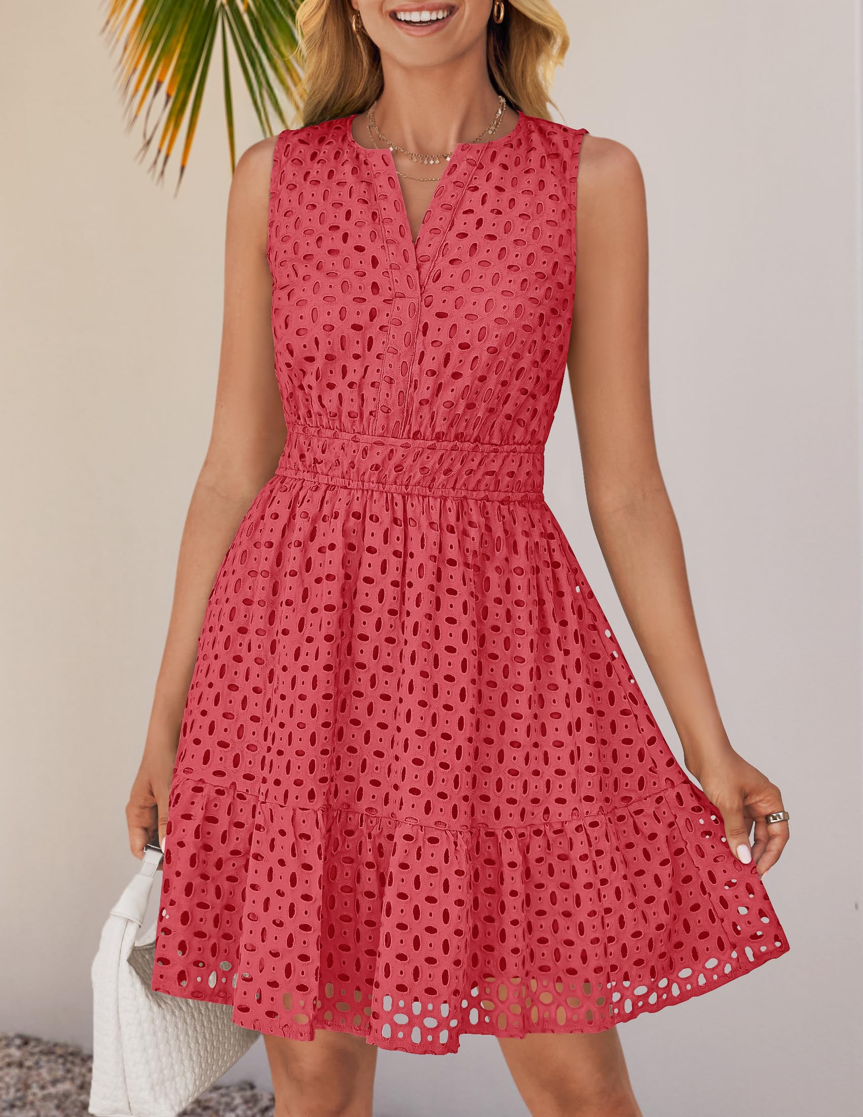 Foto 8 pulgar | Vestido De Verano Zesica Sin Mangas Con Cuello En V Y Ojales, Sandía - Venta Internacional.