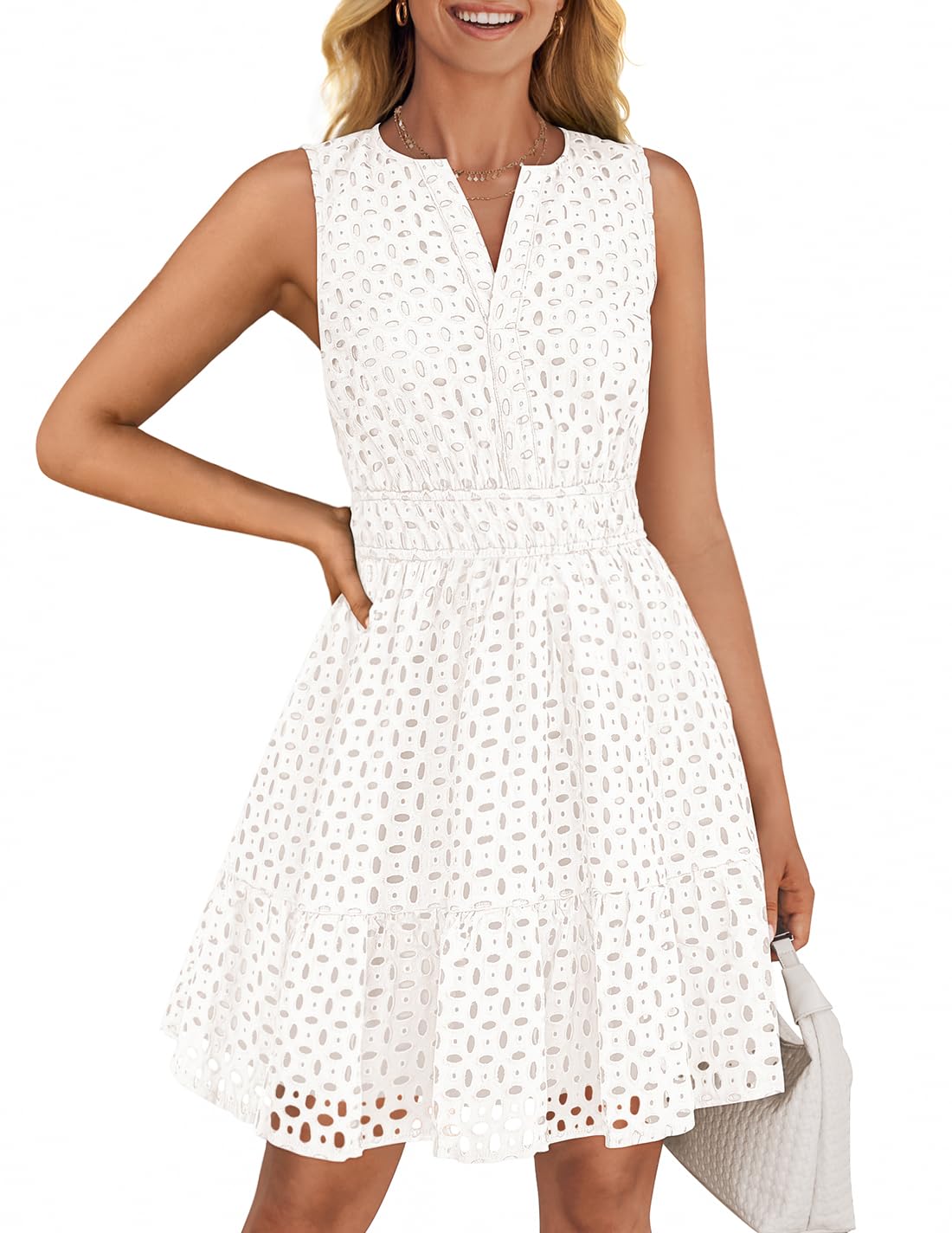 Foto 2 pulgar | Vestido De Verano Zesica Sin Mangas Con Cuello En V Y Ojales, Blanco - Venta Internacional.