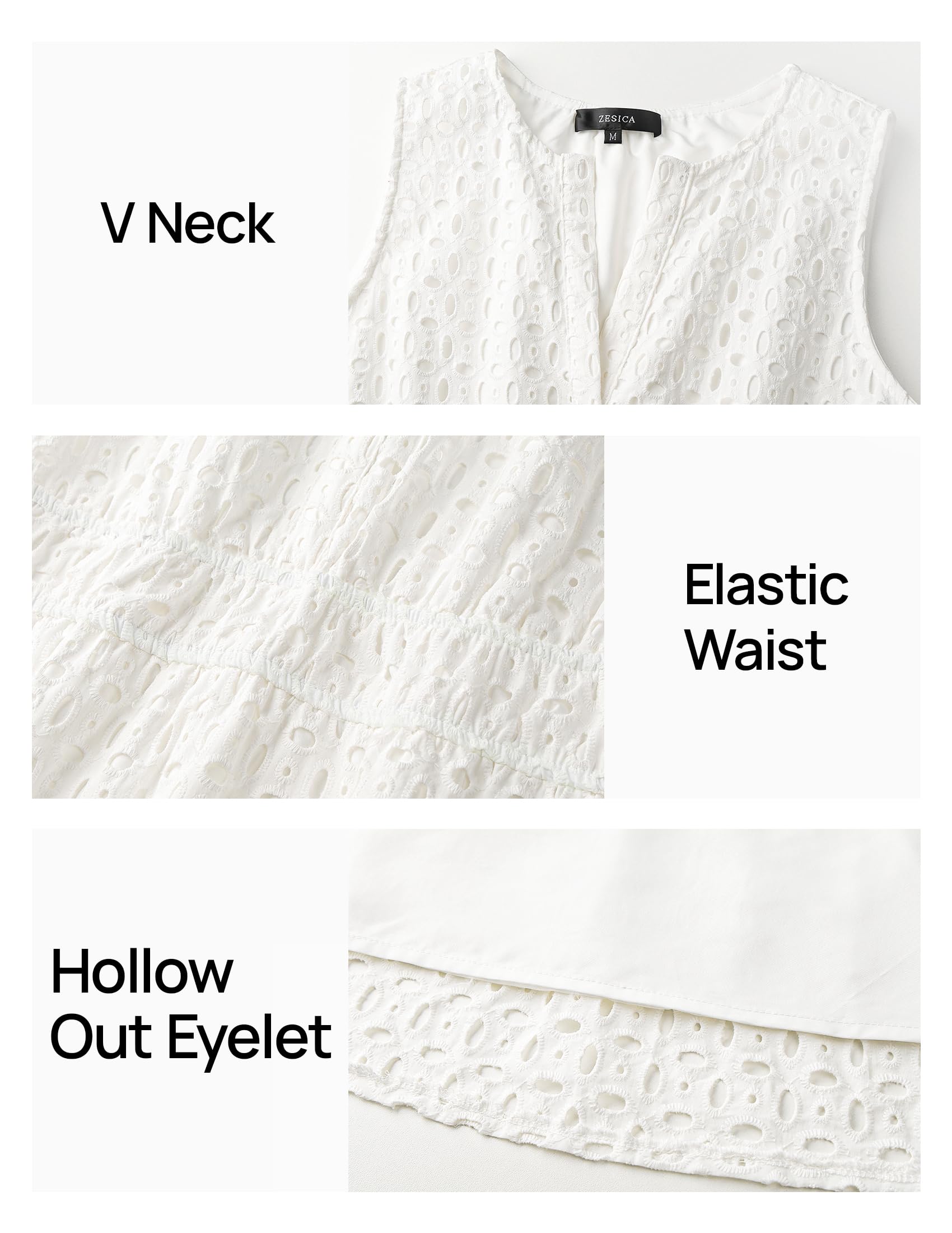 Foto 6 pulgar | Vestido De Verano Zesica Sin Mangas Con Cuello En V Y Ojales, Blanco - Venta Internacional.