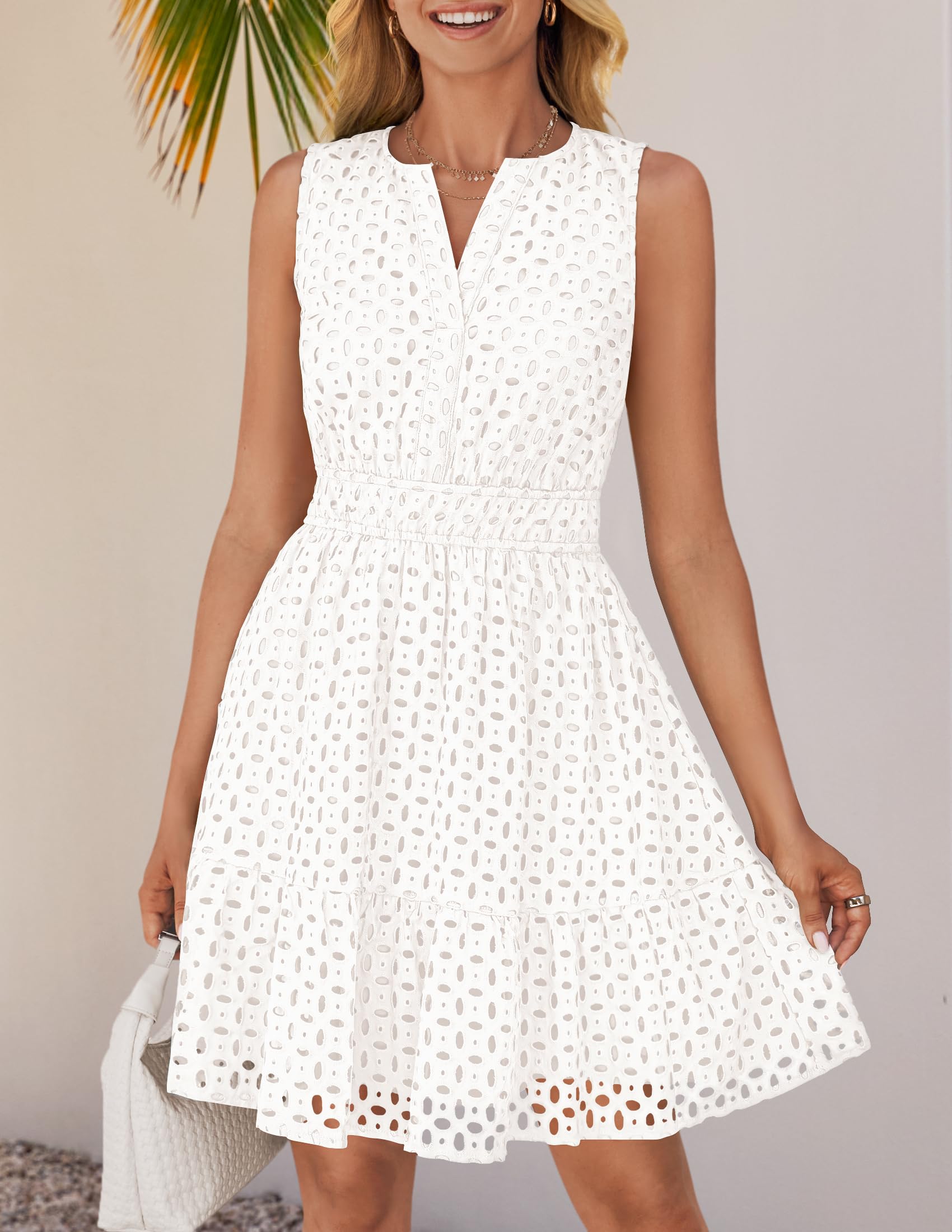 Foto 8 pulgar | Vestido De Verano Zesica Sin Mangas Con Cuello En V Y Ojales, Blanco - Venta Internacional.