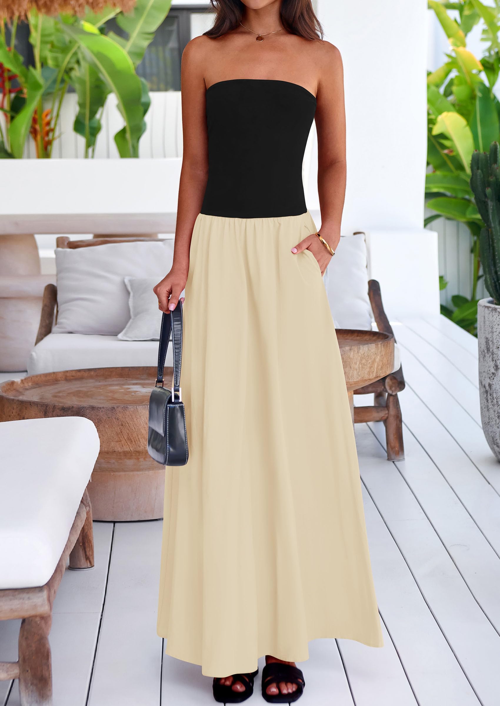 Foto 4 pulgar | Vestido Largo Prettygarden Para Mujer, Verano 2025, Sin Tirantes, Color Albaricoque - Venta Internacional.