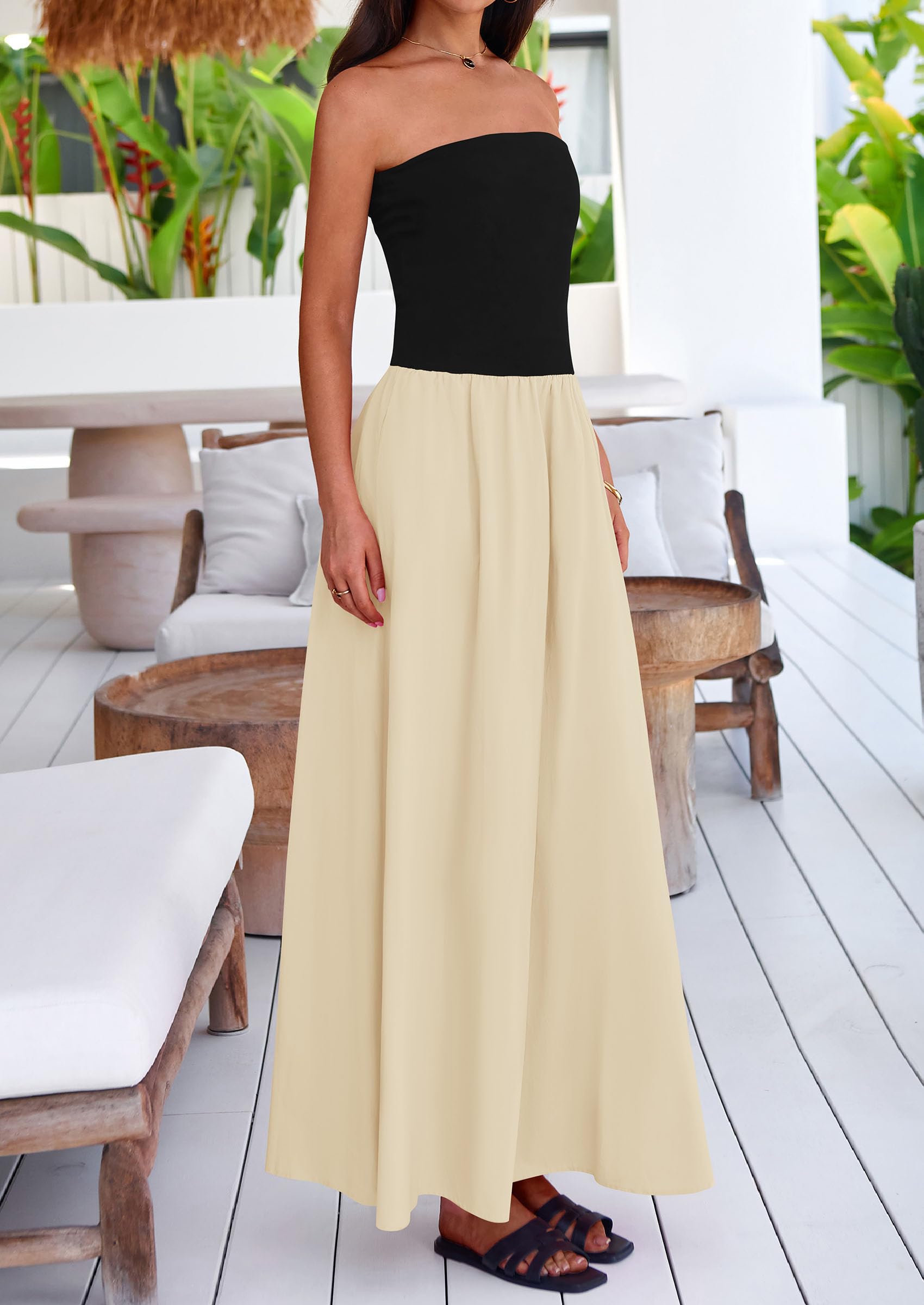 Foto 5 pulgar | Vestido Largo Prettygarden Para Mujer, Verano 2025, Sin Tirantes, Color Albaricoque - Venta Internacional.