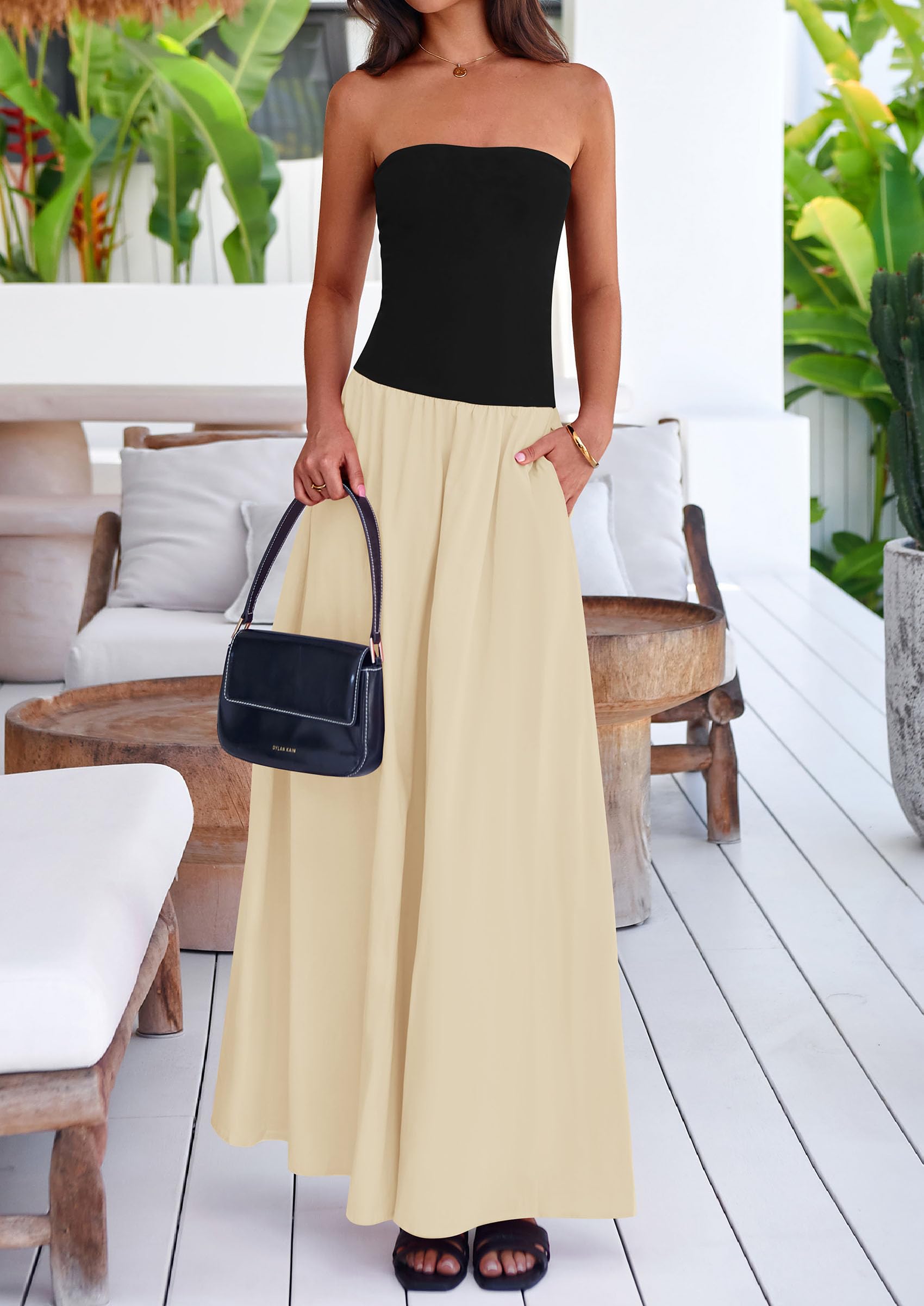 Foto 5 | Vestido Largo Prettygarden Para Mujer, Verano 2025, Sin Tirantes, Color Albaricoque - Venta Internacional.