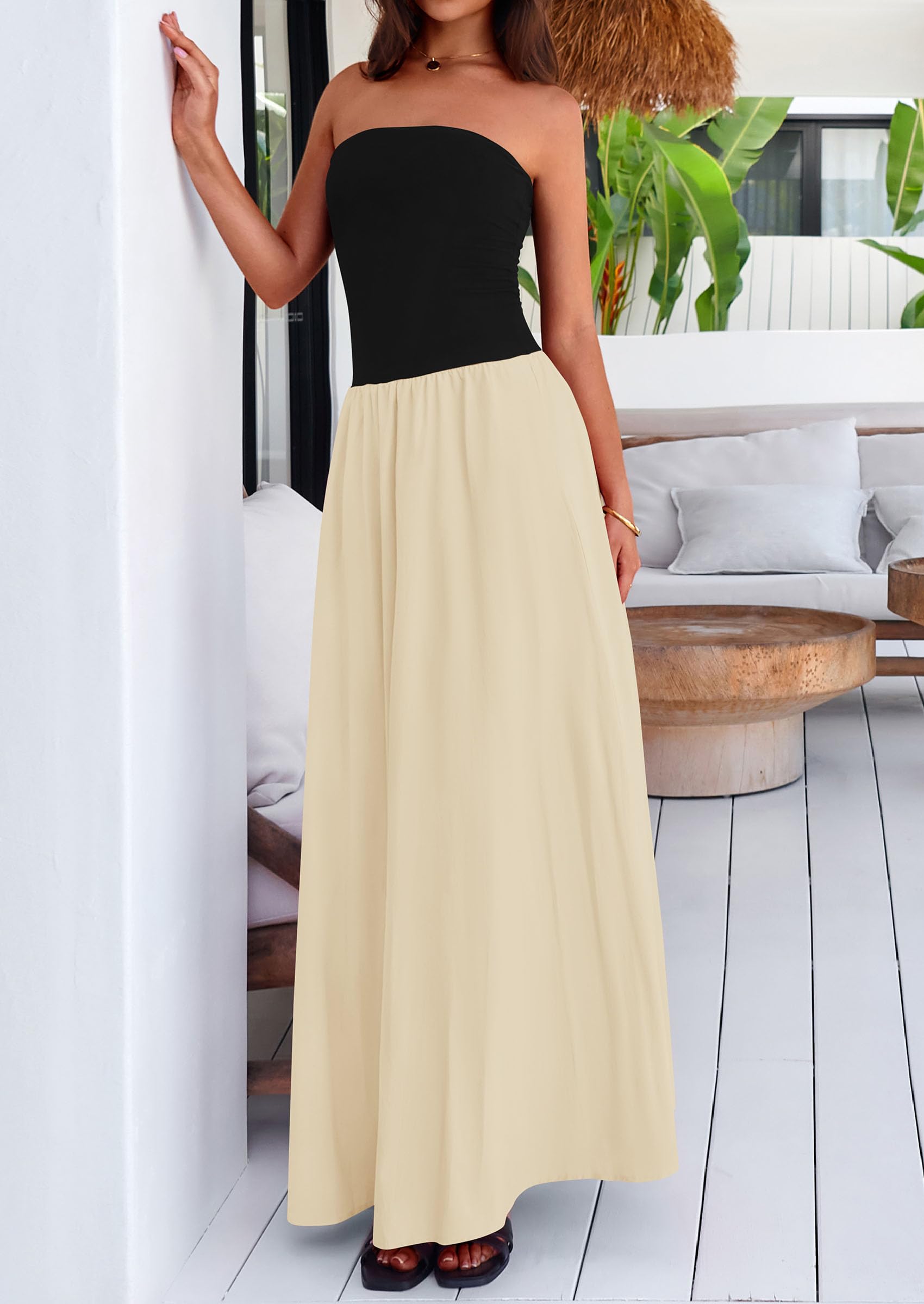 Foto 8 pulgar | Vestido Largo Prettygarden Para Mujer, Verano 2025, Sin Tirantes, Color Albaricoque - Venta Internacional.