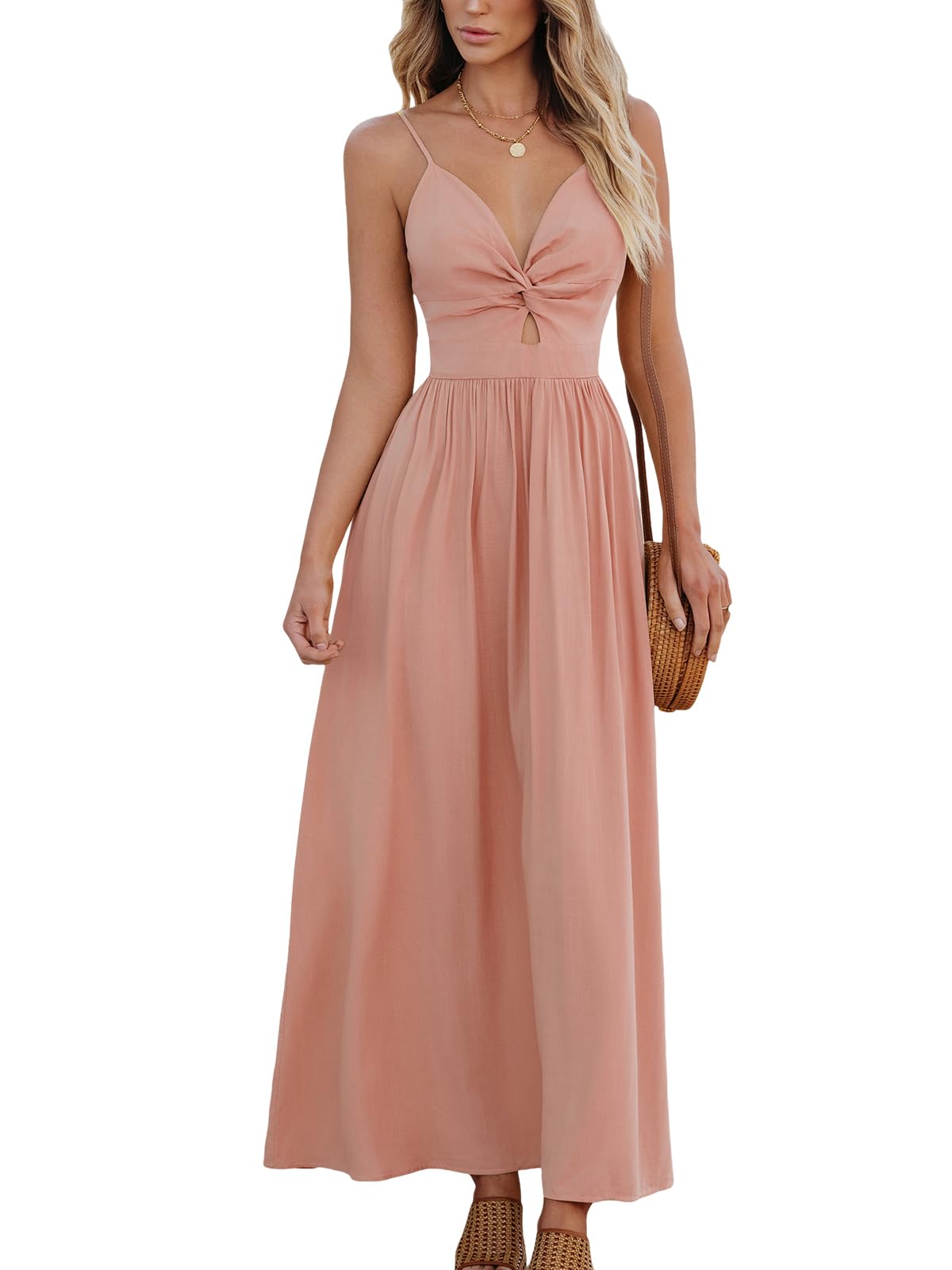 Foto 2 pulgar | Vestido Largo Cupshe Con Cuello En V, Sin Mangas, Plisado, Corte Torcido, Rosa - Venta Internacional.
