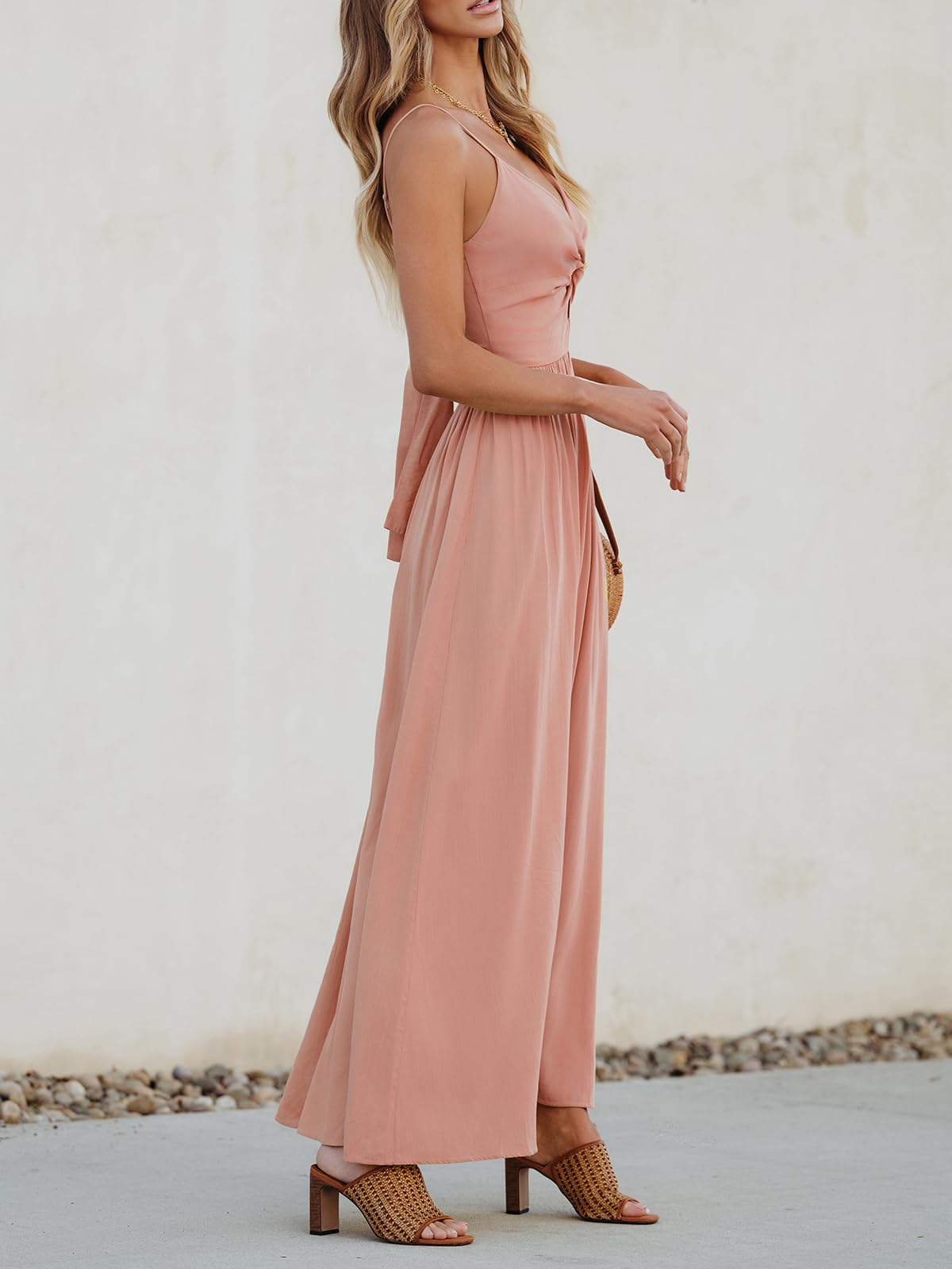 Foto 5 pulgar | Vestido Largo Cupshe Con Cuello En V, Sin Mangas, Plisado, Corte Torcido, Rosa - Venta Internacional.