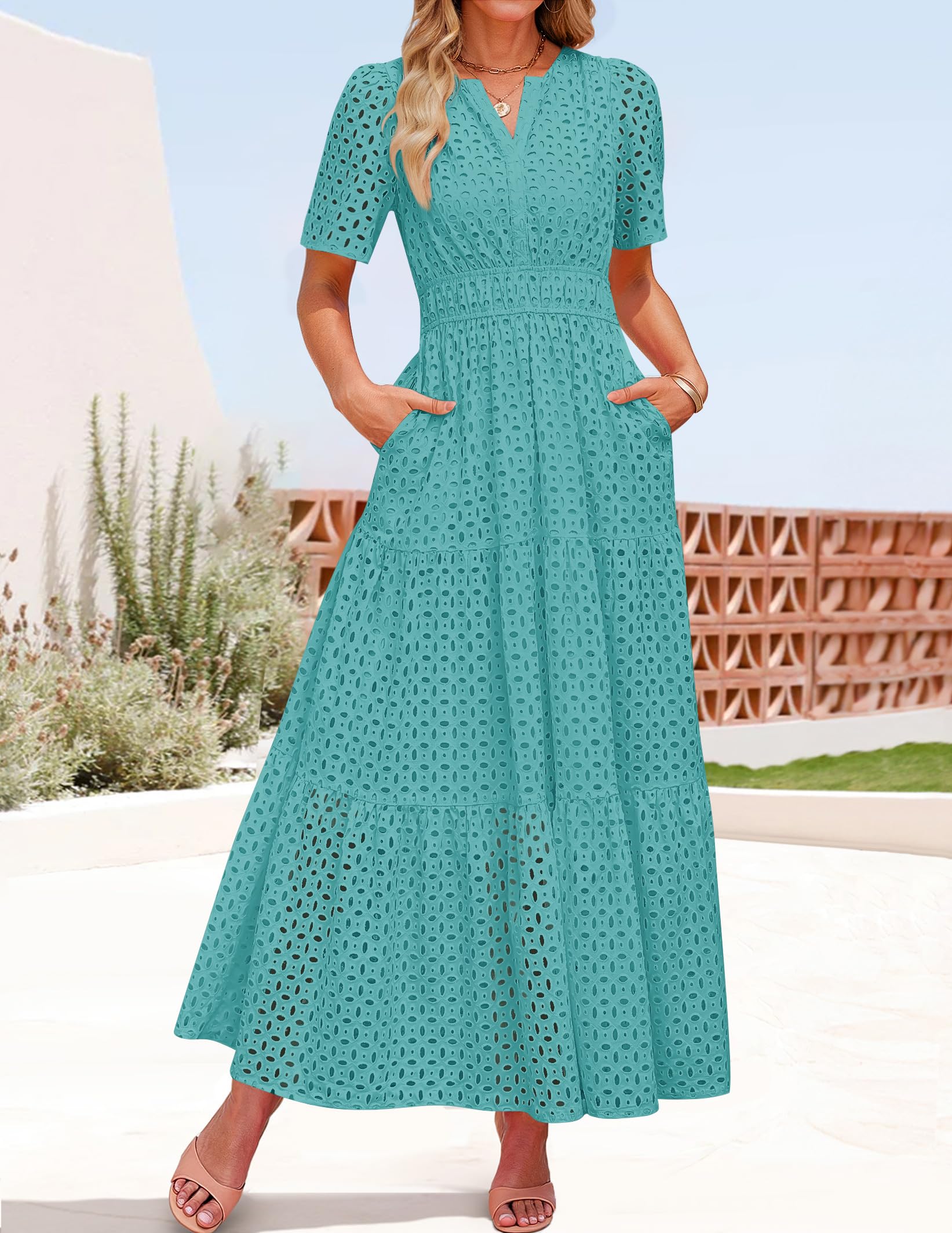 Foto 4 pulgar | Vestido Largo Zesica 2025 De Verano Con Manga Corta Y Cuello En V Para Mujer - Venta Internacional.