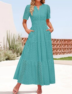 Foto 3 | Vestido Largo Zesica 2025 De Verano Con Manga Corta Y Cuello En V Para Mujer - Venta Internacional.