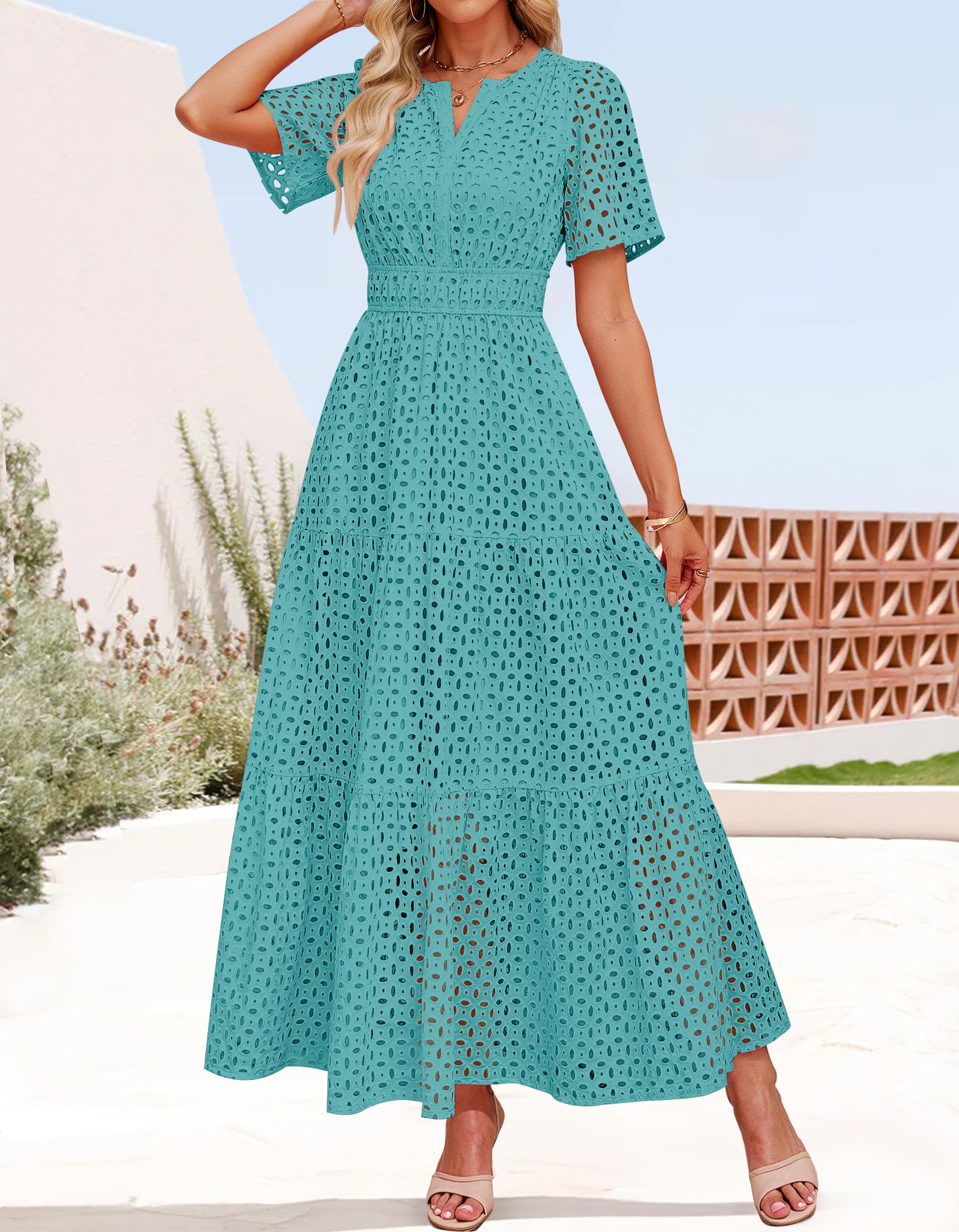 Foto 5 pulgar | Vestido Largo Zesica 2025 De Verano Con Manga Corta Y Cuello En V Para Mujer - Venta Internacional.