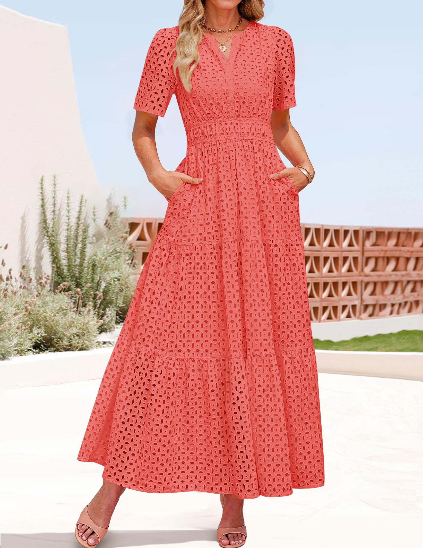 Foto 4 pulgar | Vestido Largo Zesica 2025 De Verano Con Manga Corta Y Cuello En V Para Mujer - Venta Internacional.