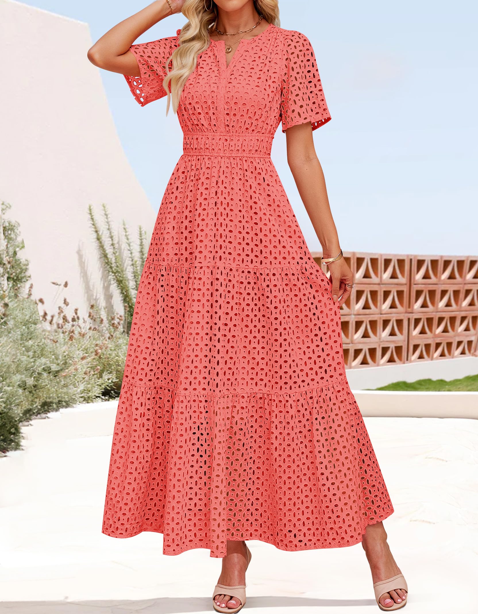 Foto 5 pulgar | Vestido Largo Zesica 2025 De Verano Con Manga Corta Y Cuello En V Para Mujer - Venta Internacional.