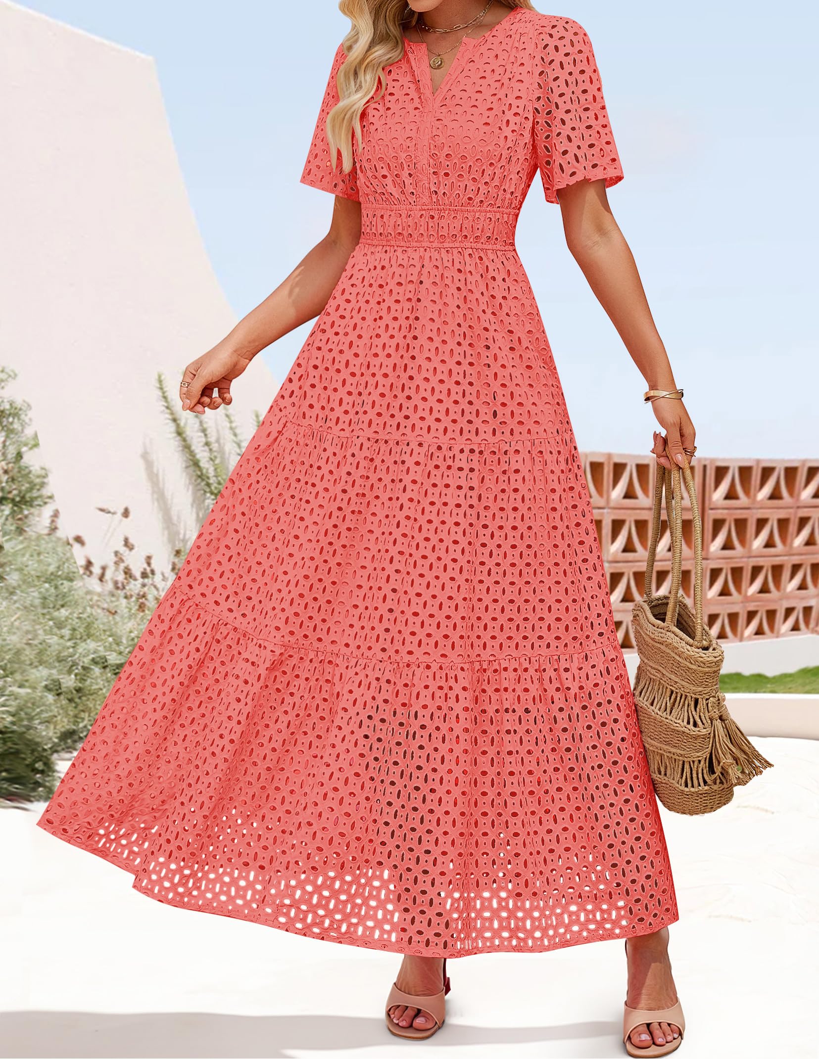 Foto 7 pulgar | Vestido Largo Zesica 2025 De Verano Con Manga Corta Y Cuello En V Para Mujer - Venta Internacional.