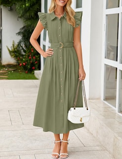 Foto 2 | Vestido Zesica 2025 De Verano Con Botones Bohemio, Cuello En V, Cuello En V, Verde Para Mujer - Venta Internacional.