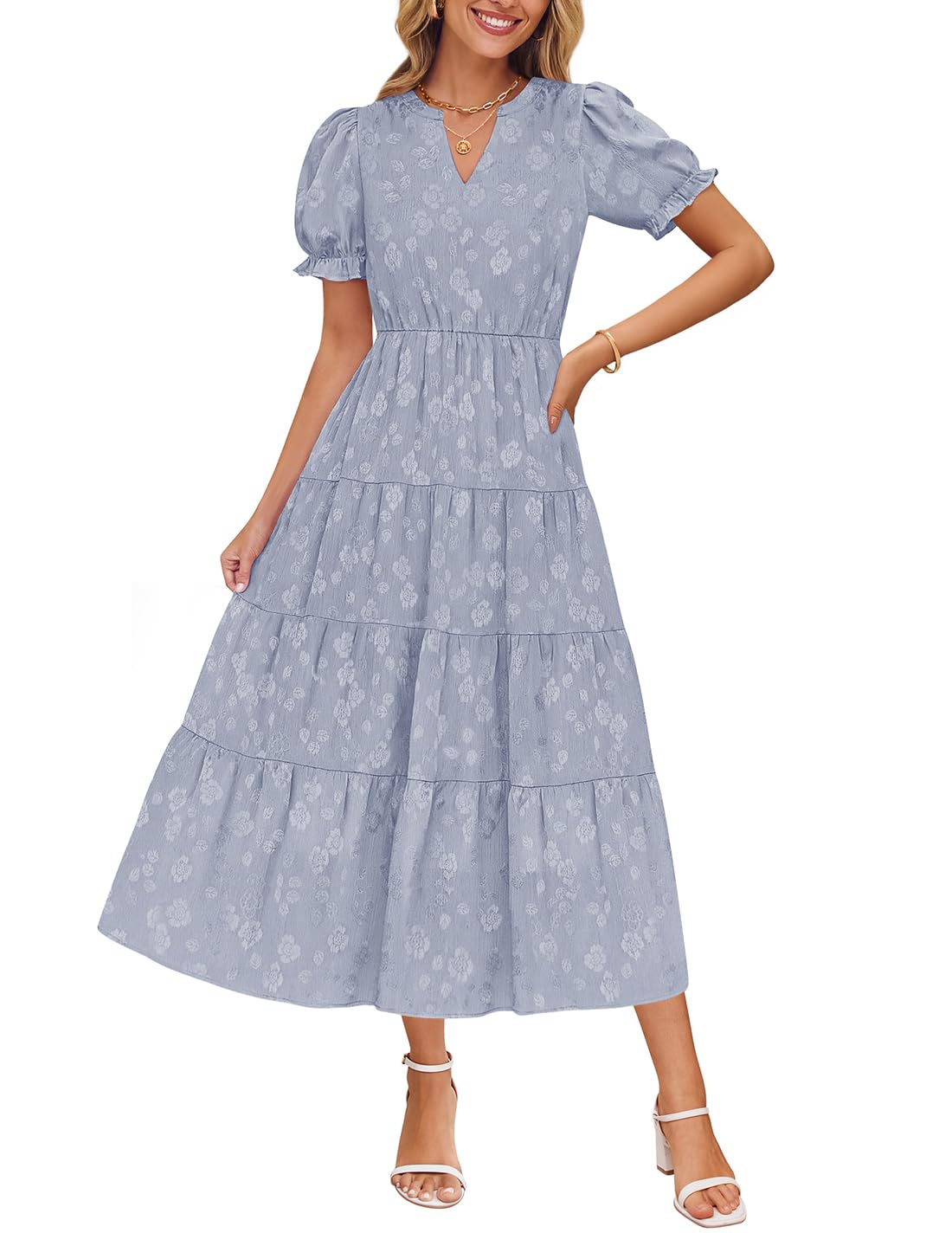 Foto 2 pulgar | Vestido Midi Zesica Para Mujer, Verano 2025, Manga Corta, Cuello En V - Venta Internacional.