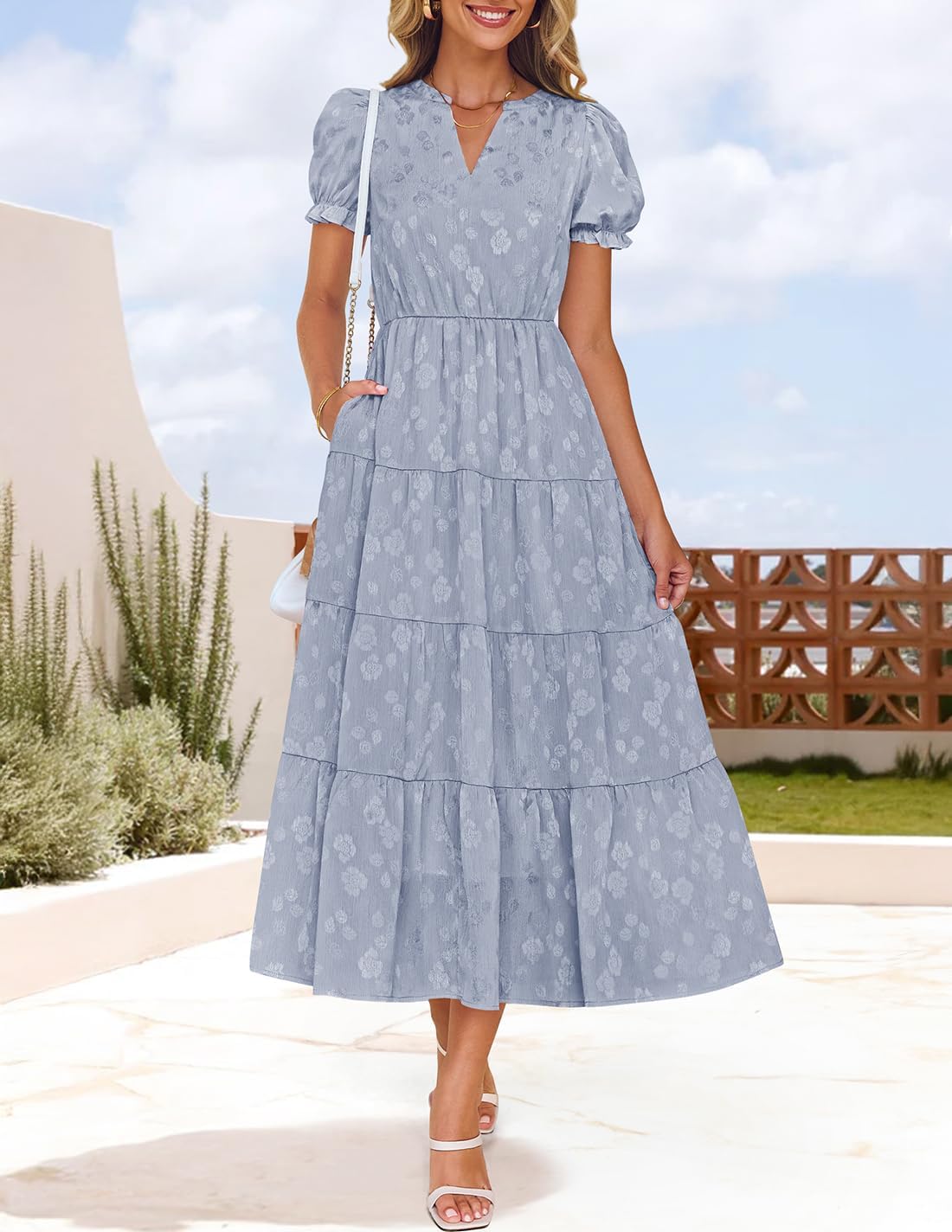 Foto 2 | Vestido Midi Zesica Para Mujer, Verano 2025, Manga Corta, Cuello En V - Venta Internacional.