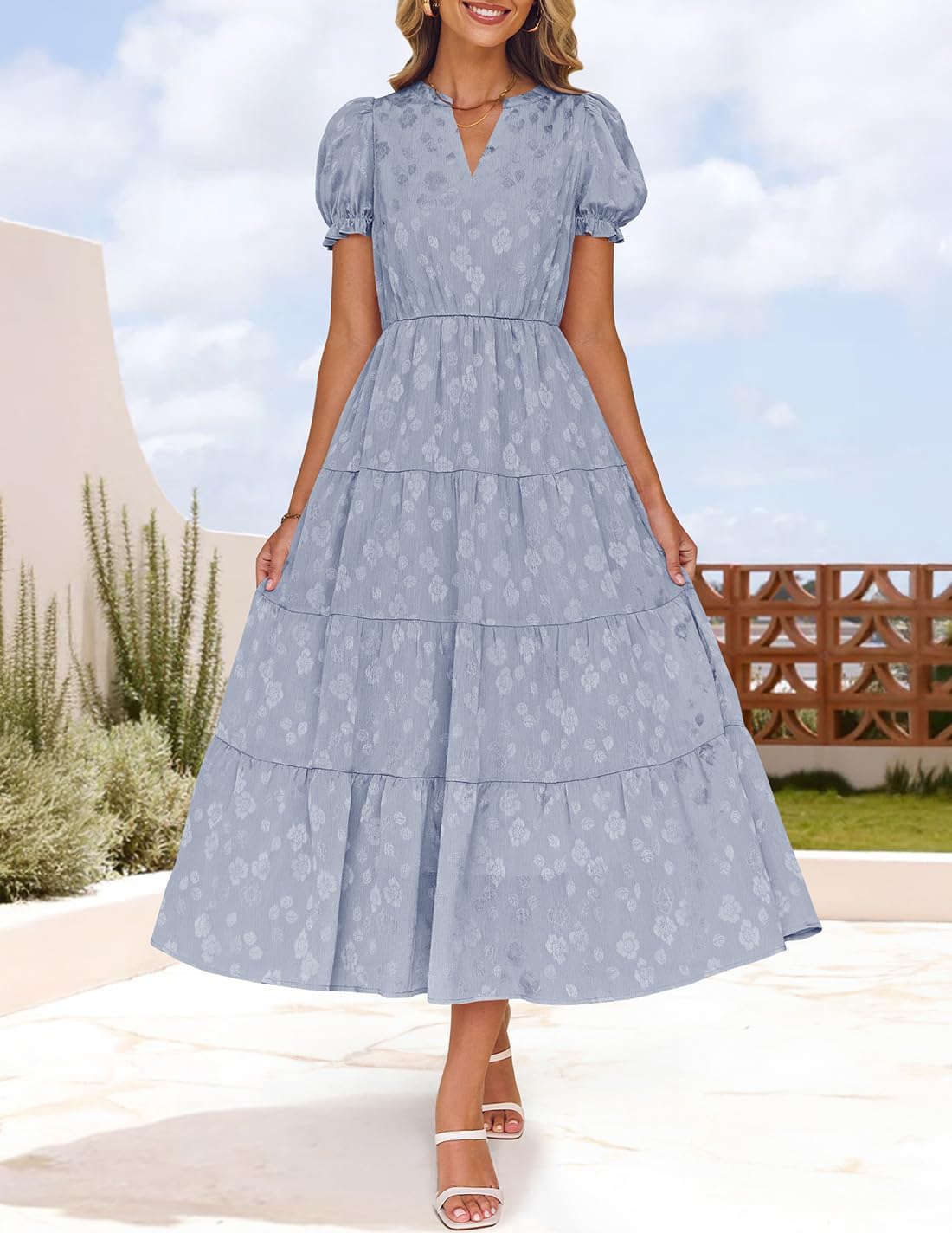 Foto 4 pulgar | Vestido Midi Zesica Para Mujer, Verano 2025, Manga Corta, Cuello En V - Venta Internacional.
