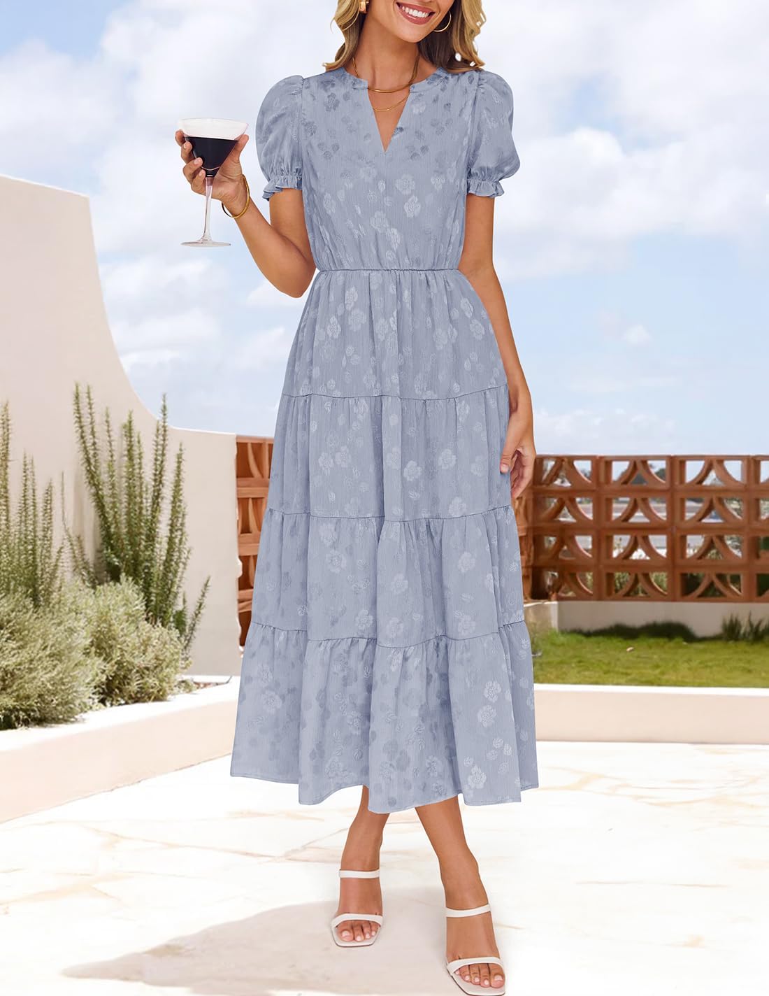Foto 5 pulgar | Vestido Midi Zesica Para Mujer, Verano 2025, Manga Corta, Cuello En V - Venta Internacional.