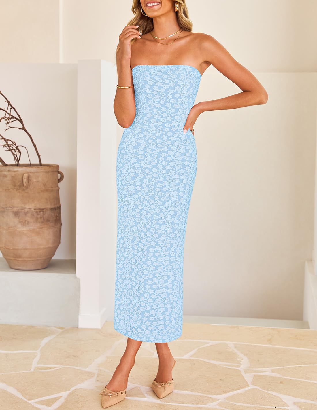 Foto 3 pulgar | Vestido Zesica 2025 Summer Boho Floral Sin Tirantes Bodycon Azul - Venta Internacional.