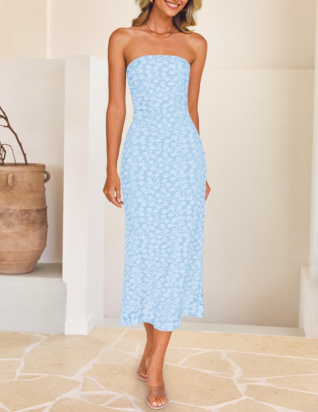 Foto 8 pulgar | Vestido Zesica 2025 Summer Boho Floral Sin Tirantes Bodycon Azul - Venta Internacional.