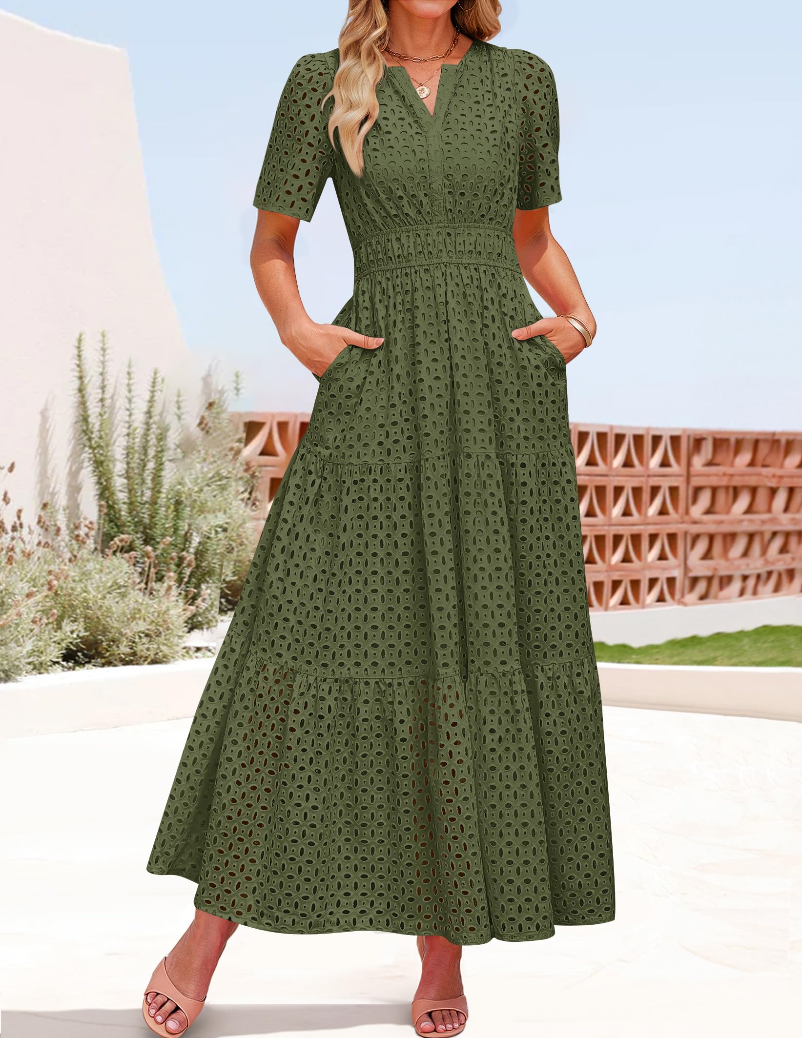 Foto 4 pulgar | Vestido Largo Zesica 2025 De Verano Con Manga Corta Y Cuello En V Para Mujer - Venta Internacional.