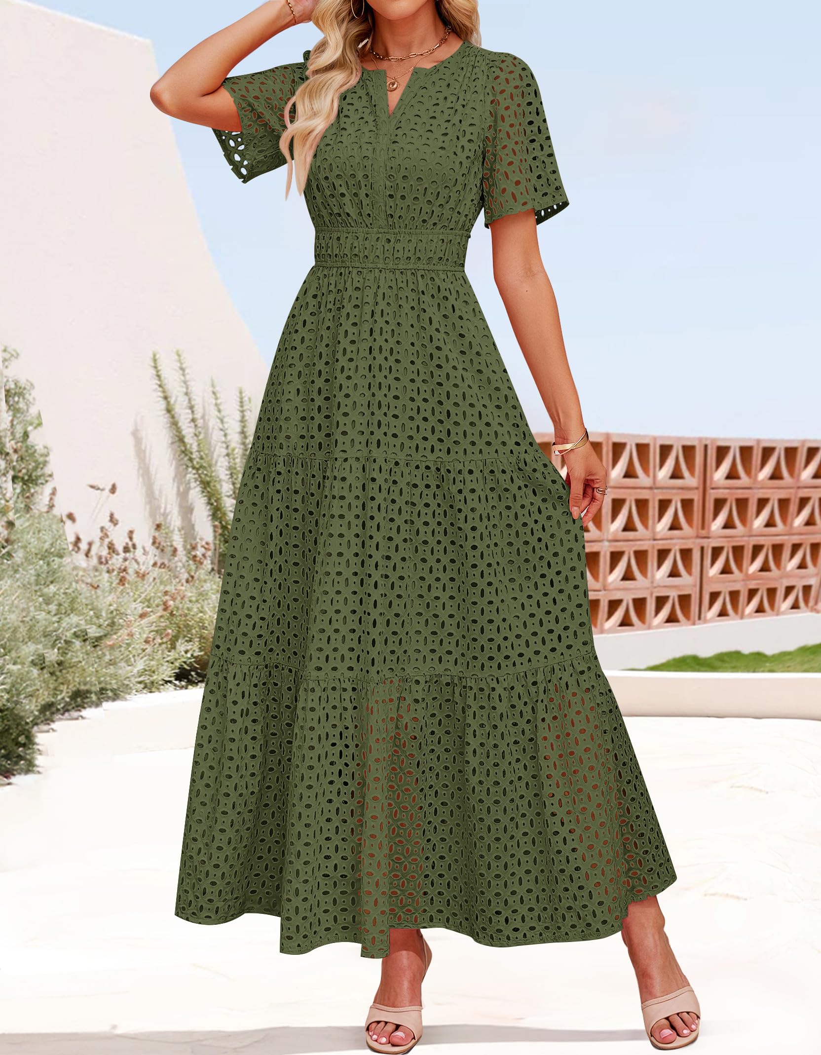 Foto 5 pulgar | Vestido Largo Zesica 2025 De Verano Con Manga Corta Y Cuello En V Para Mujer - Venta Internacional.